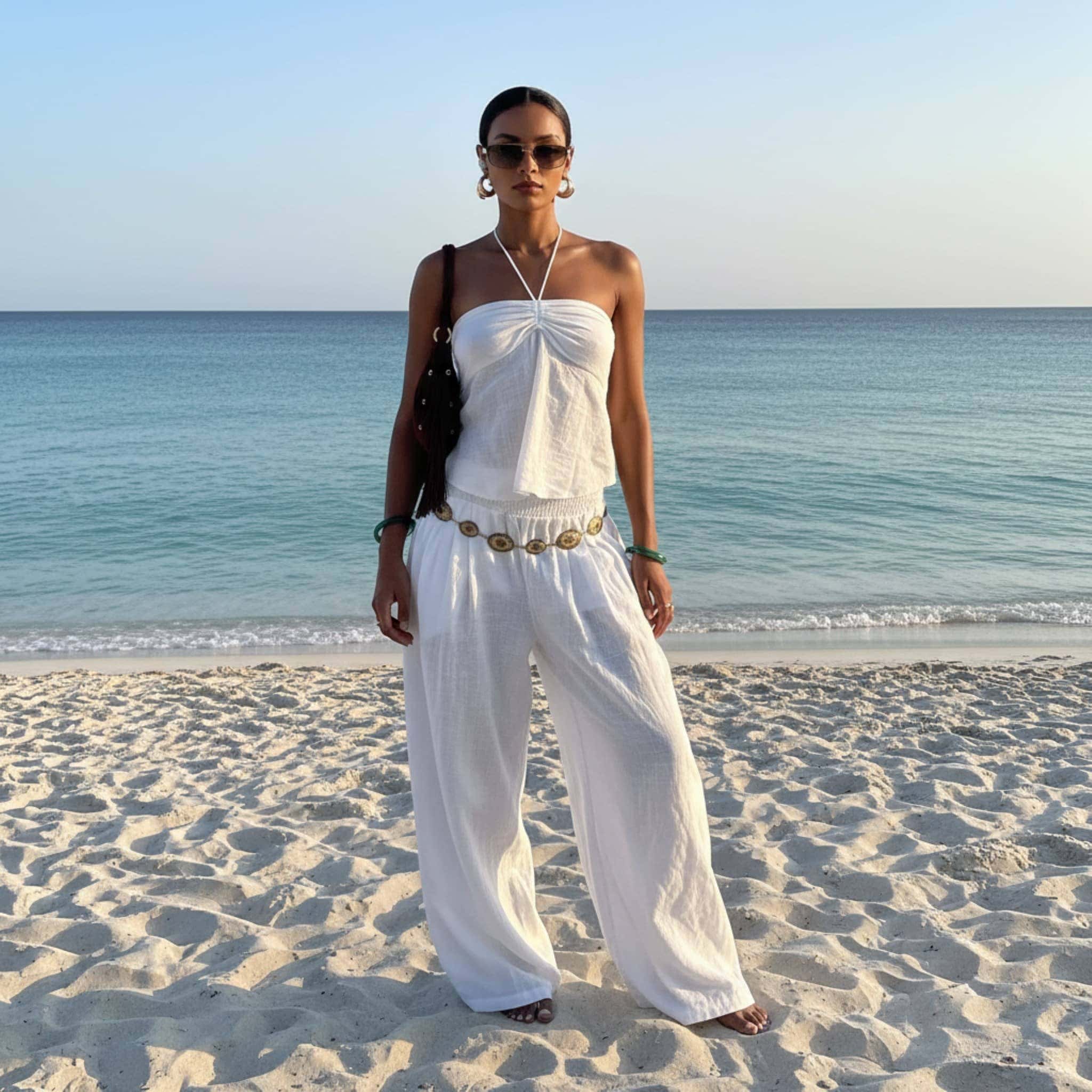 Linen Two Piece Set, Linen Halter Top And Wide Leg Pants Set