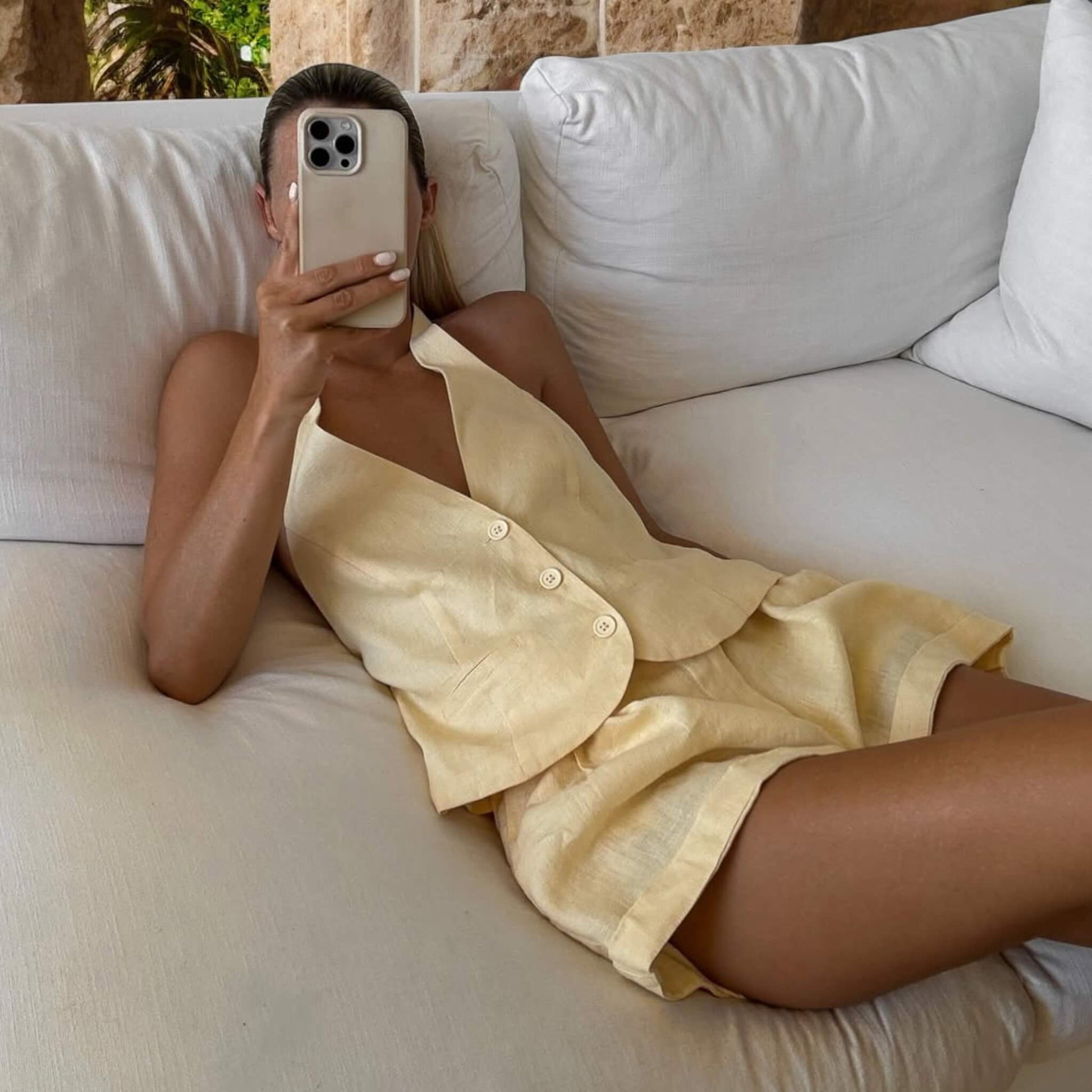 Linen Two Piece Set, Linen Halter Vest And Shorts Set