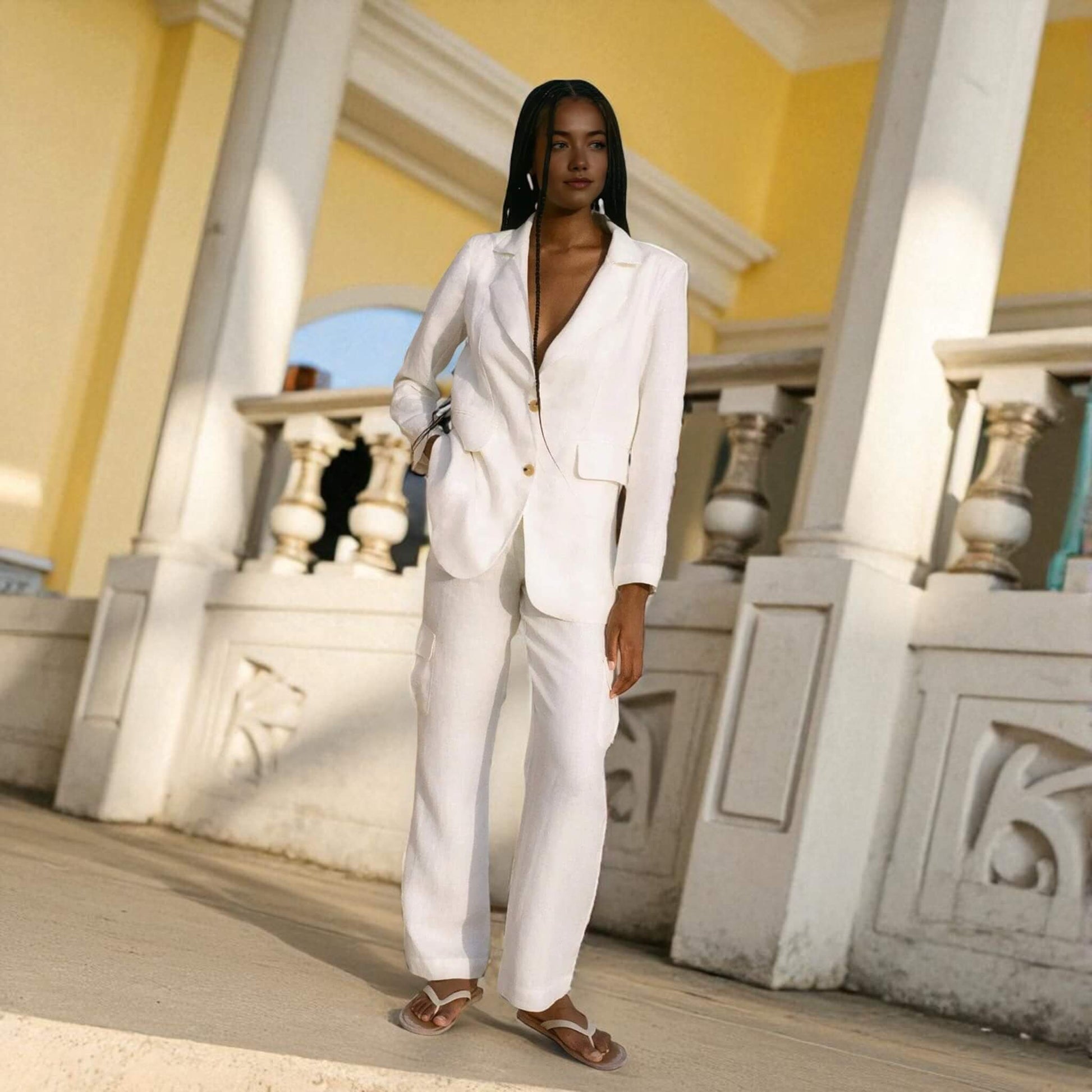 Linen Two Piece Set, Linen Longline Blazer And Wide Leg Trousers Women Set