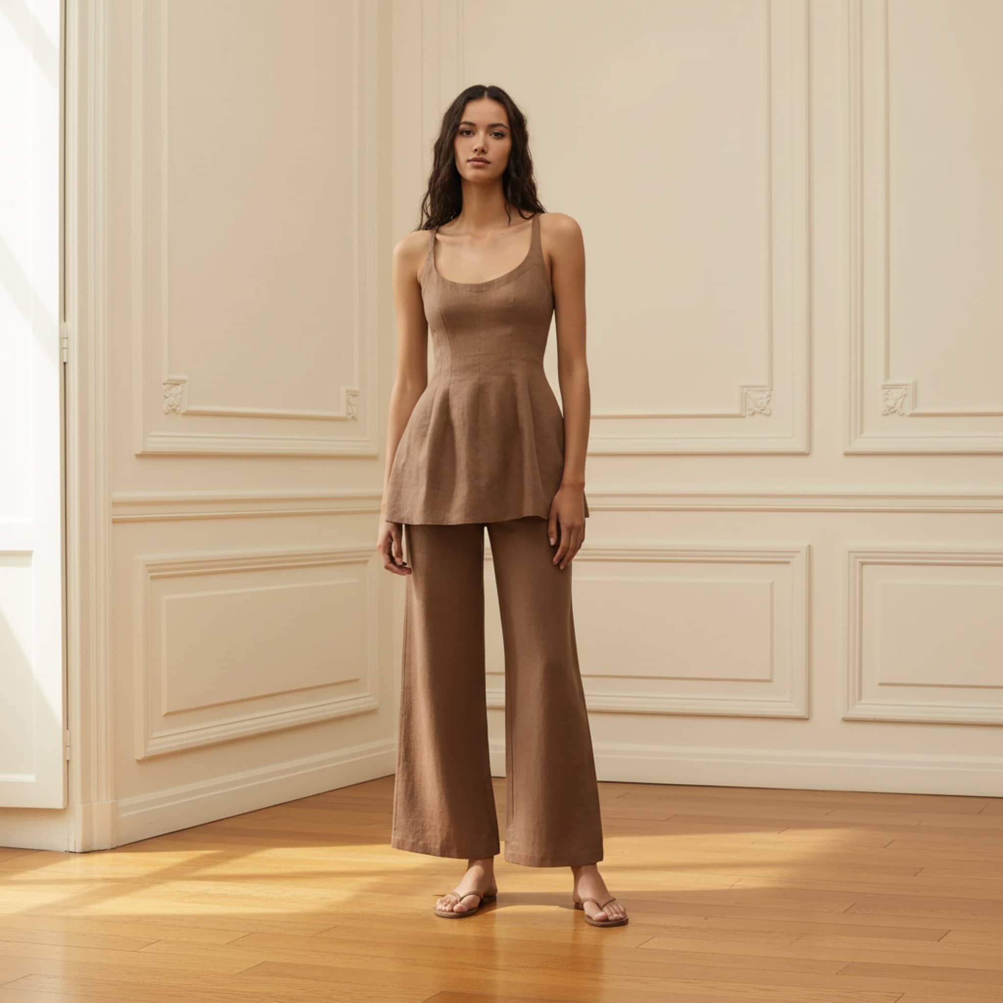 Linen Two Piece Set, Linen Peplum Top And Wide Leg Pants Set