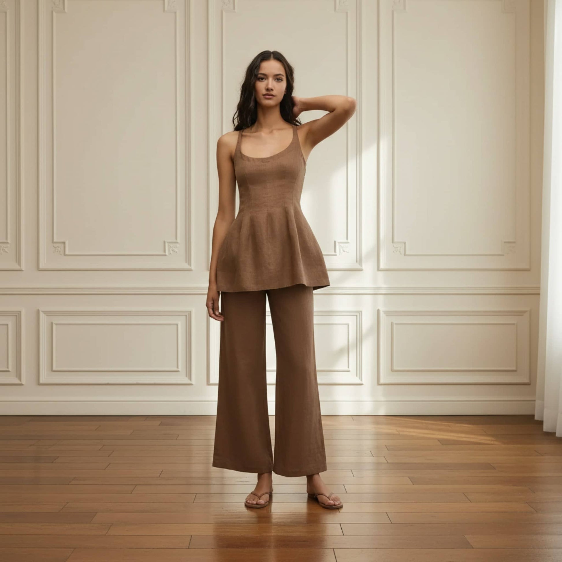 Linen Two Piece Set, Linen Peplum Top And Wide Leg Pants Set