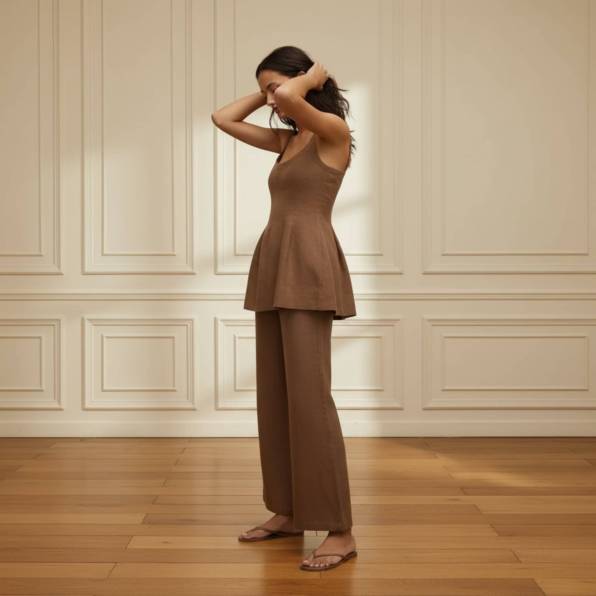 Linen Two Piece Set, Linen Peplum Top And Wide Leg Pants Set