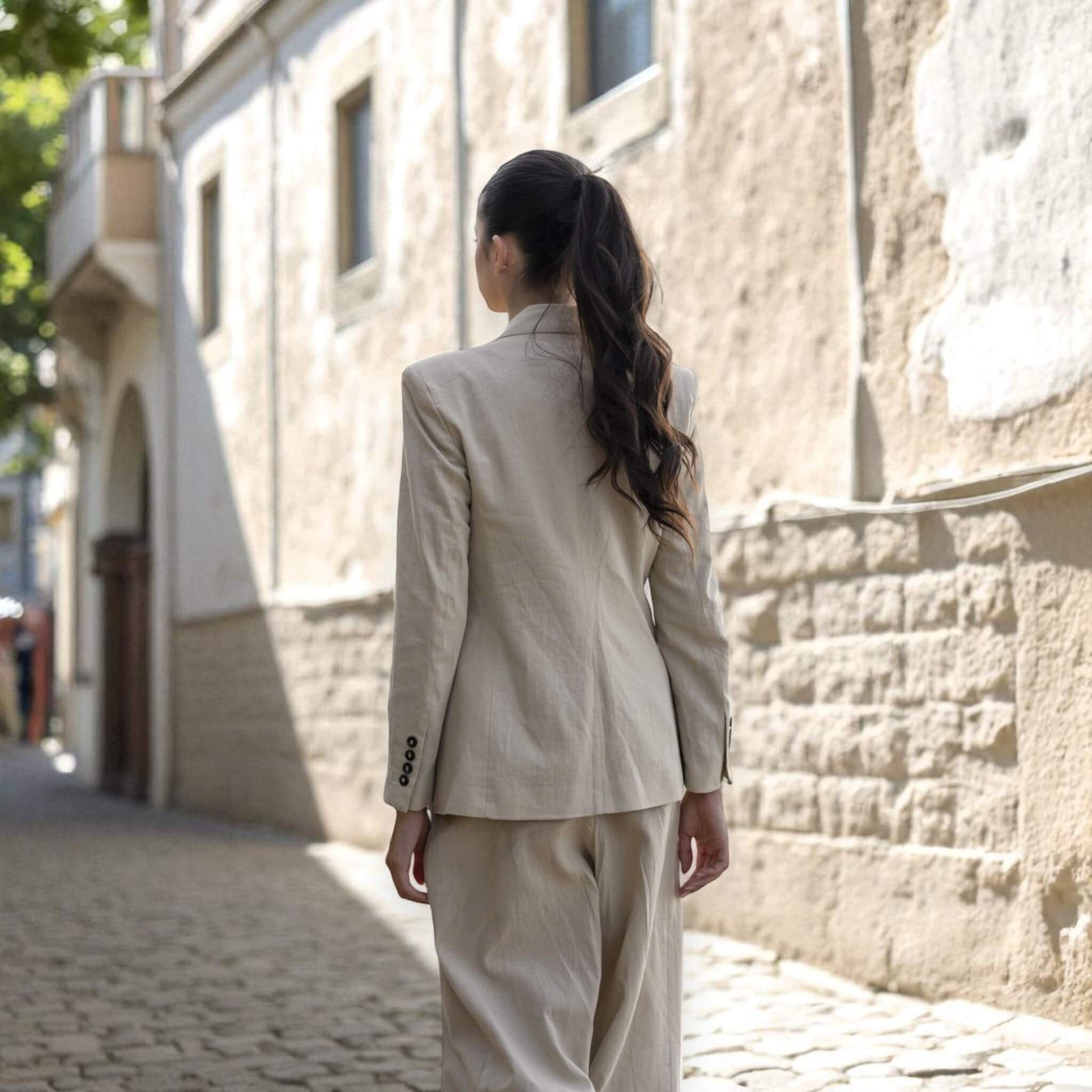 Linen Two Piece Set, Linen Single Breasted Blazer And Pleated Wide Leg Trousers Set