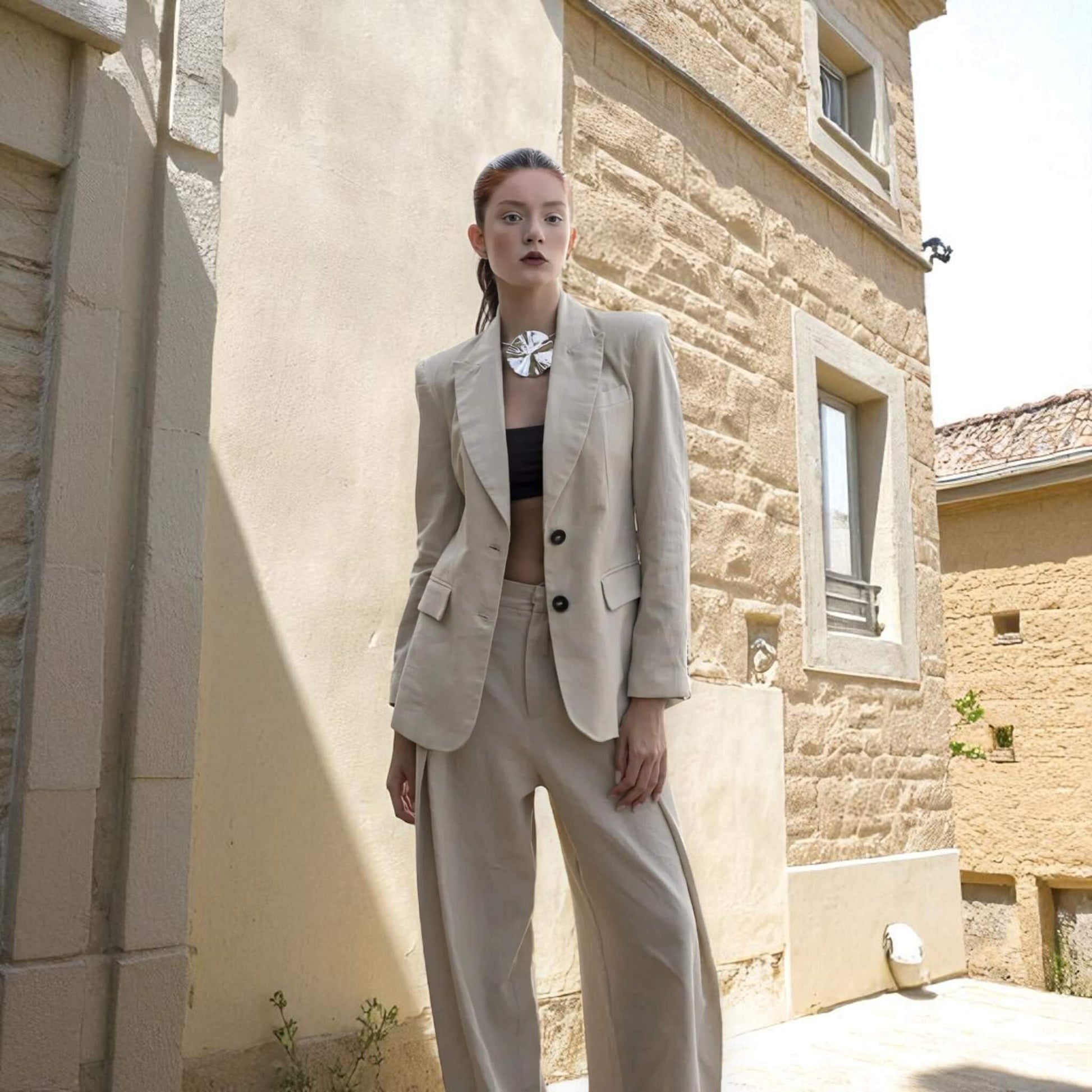 Linen Two Piece Set, Linen Single Breasted Blazer And Pleated Wide Leg Trousers Set