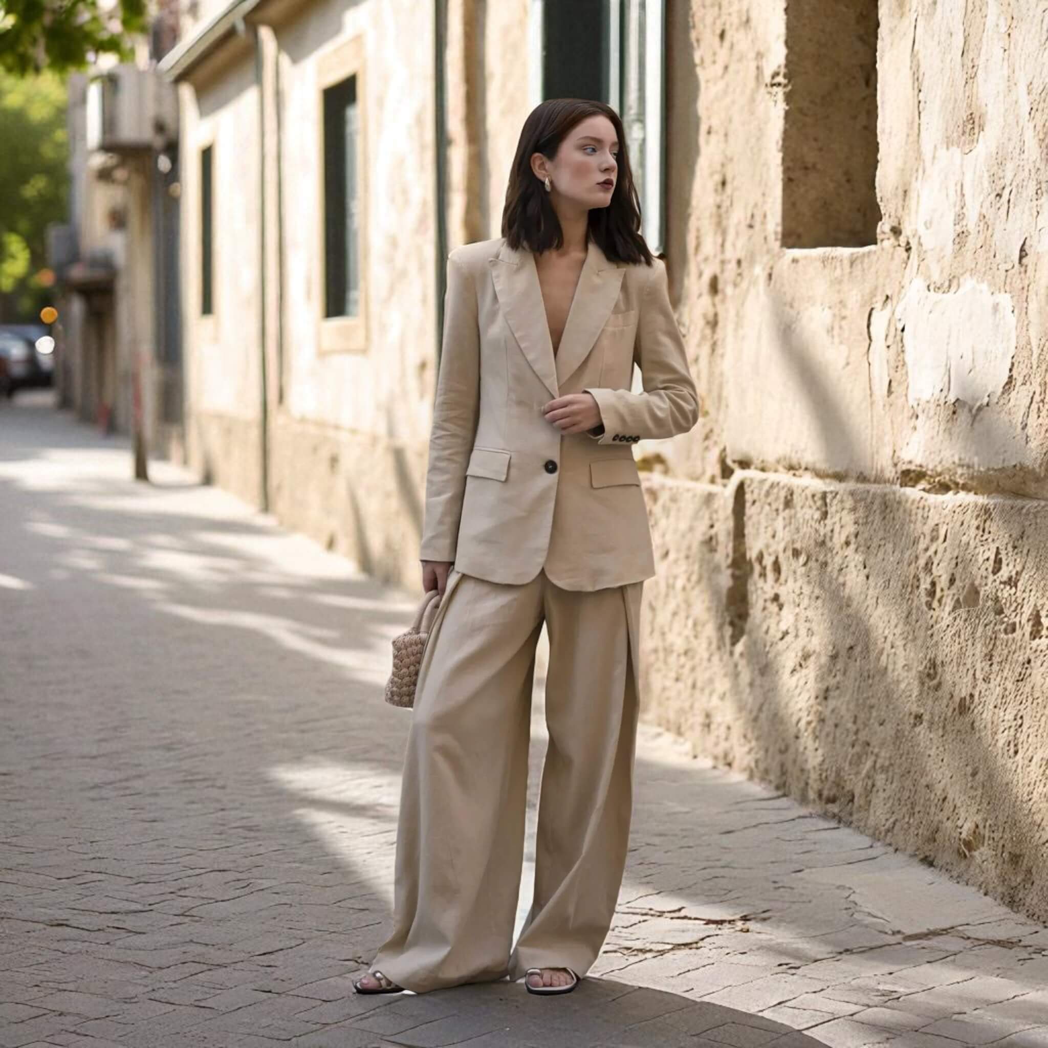 Linen Two Piece Set, Linen Single Breasted Blazer And Pleated Wide Leg Trousers Set