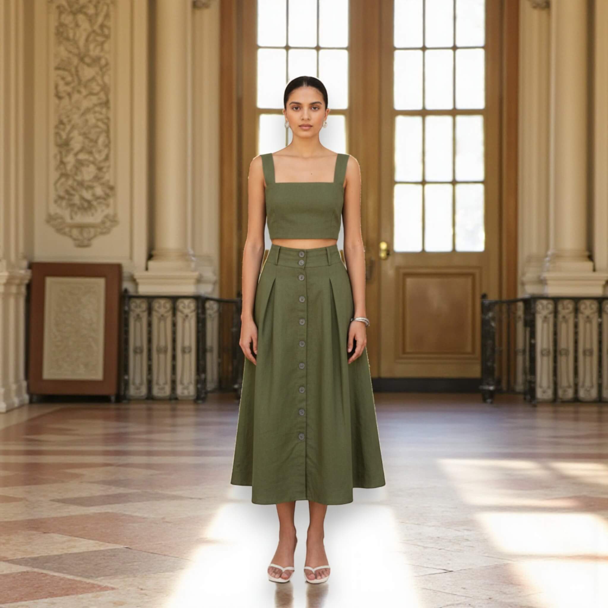 Linen Two Piece Set, Linen Square Neck Crop Top and Midi Skirt Set