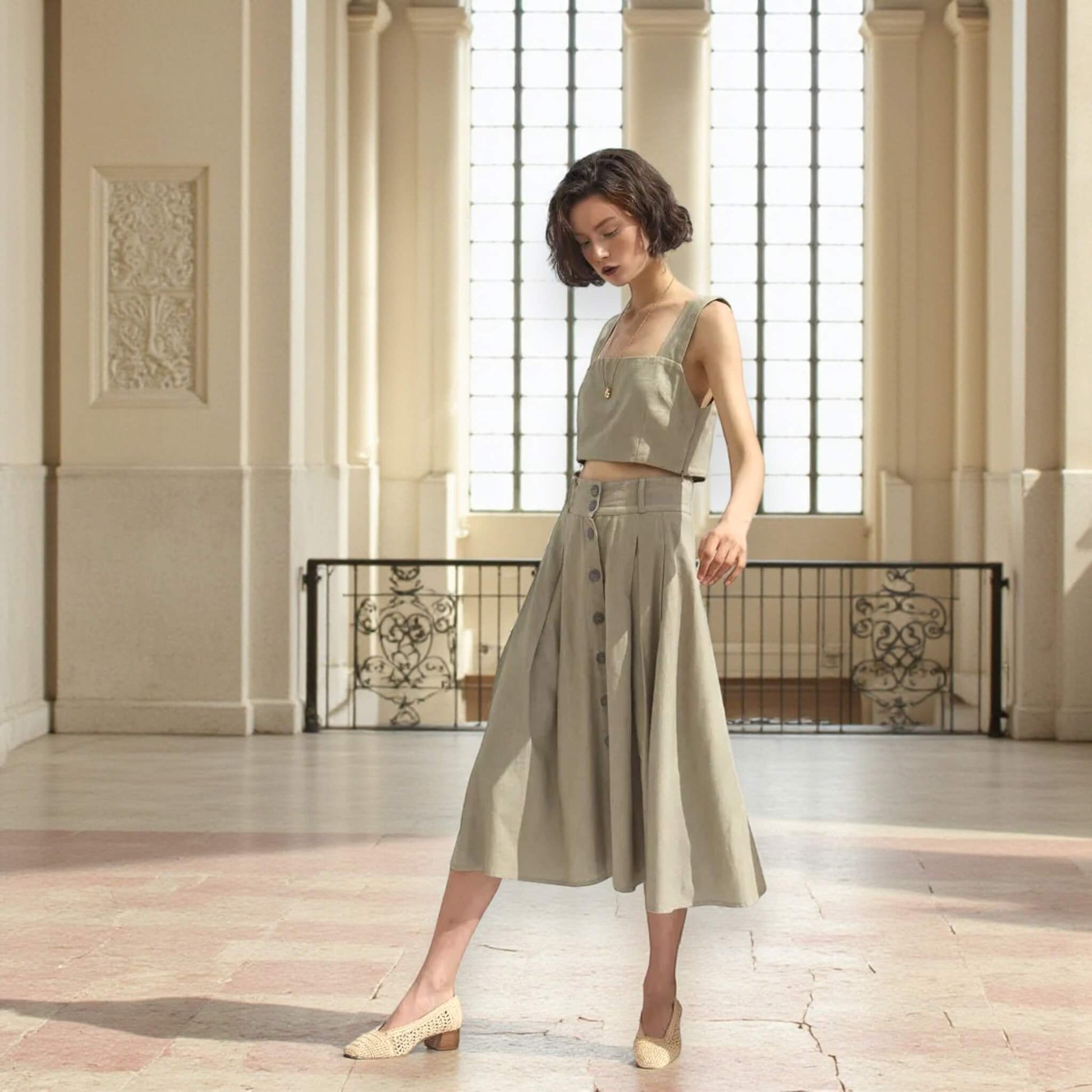 Linen Two Piece Set, Linen Square Neck Crop Top and Midi Skirt Set