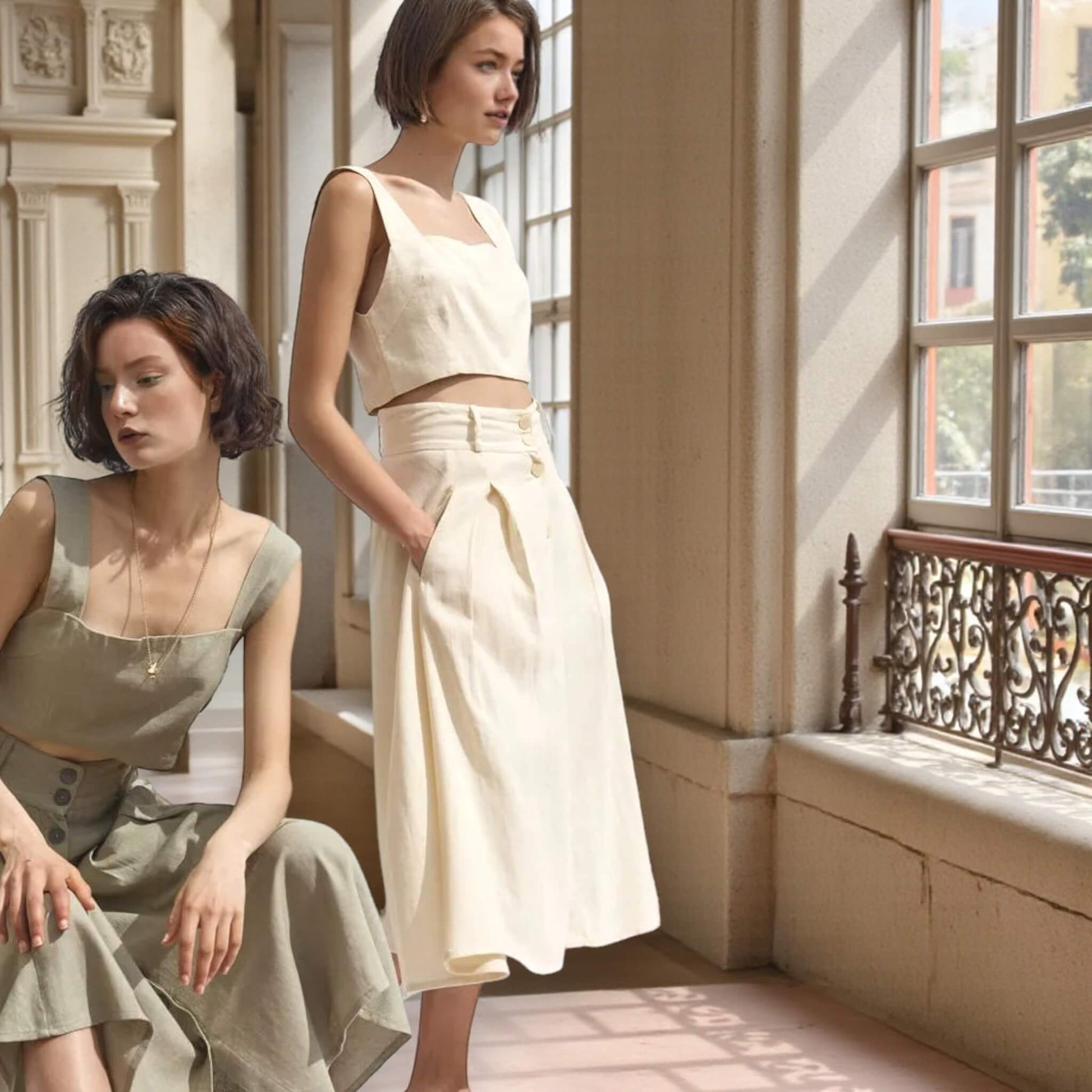 Linen Two Piece Set, Linen Square Neck Crop Top and Midi Skirt Set