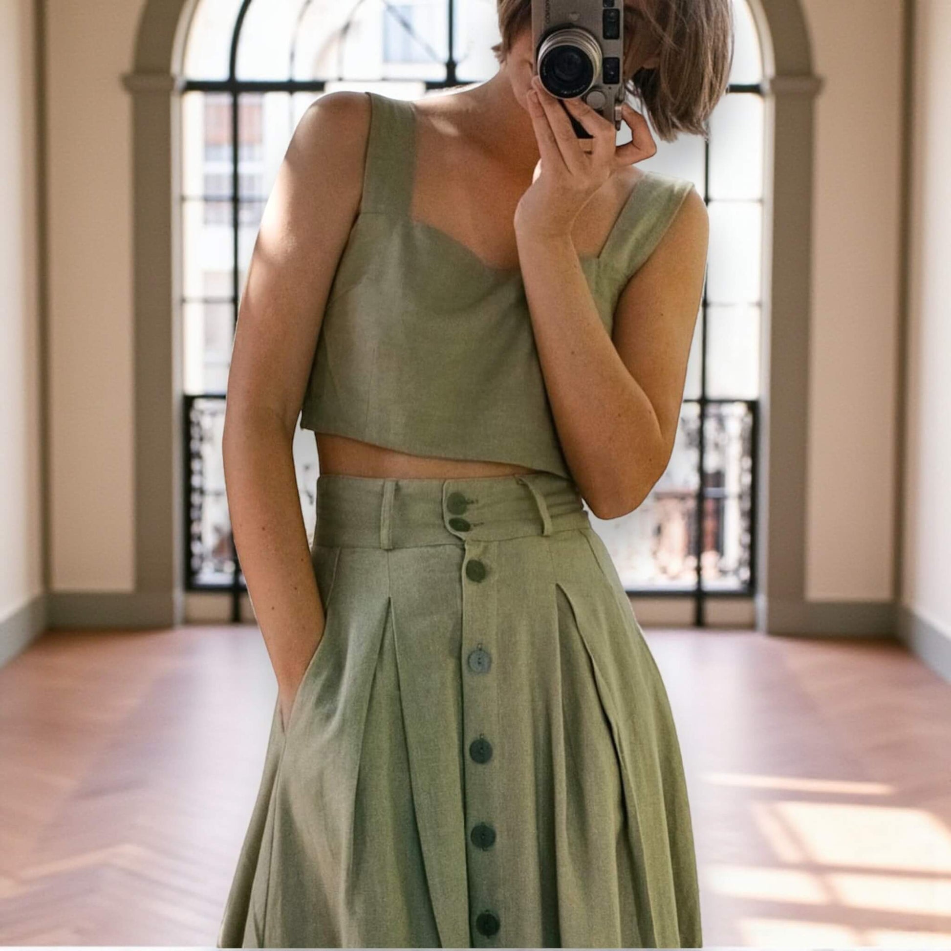 Linen Two Piece Set, Linen Square Neck Crop Top and Midi Skirt Set