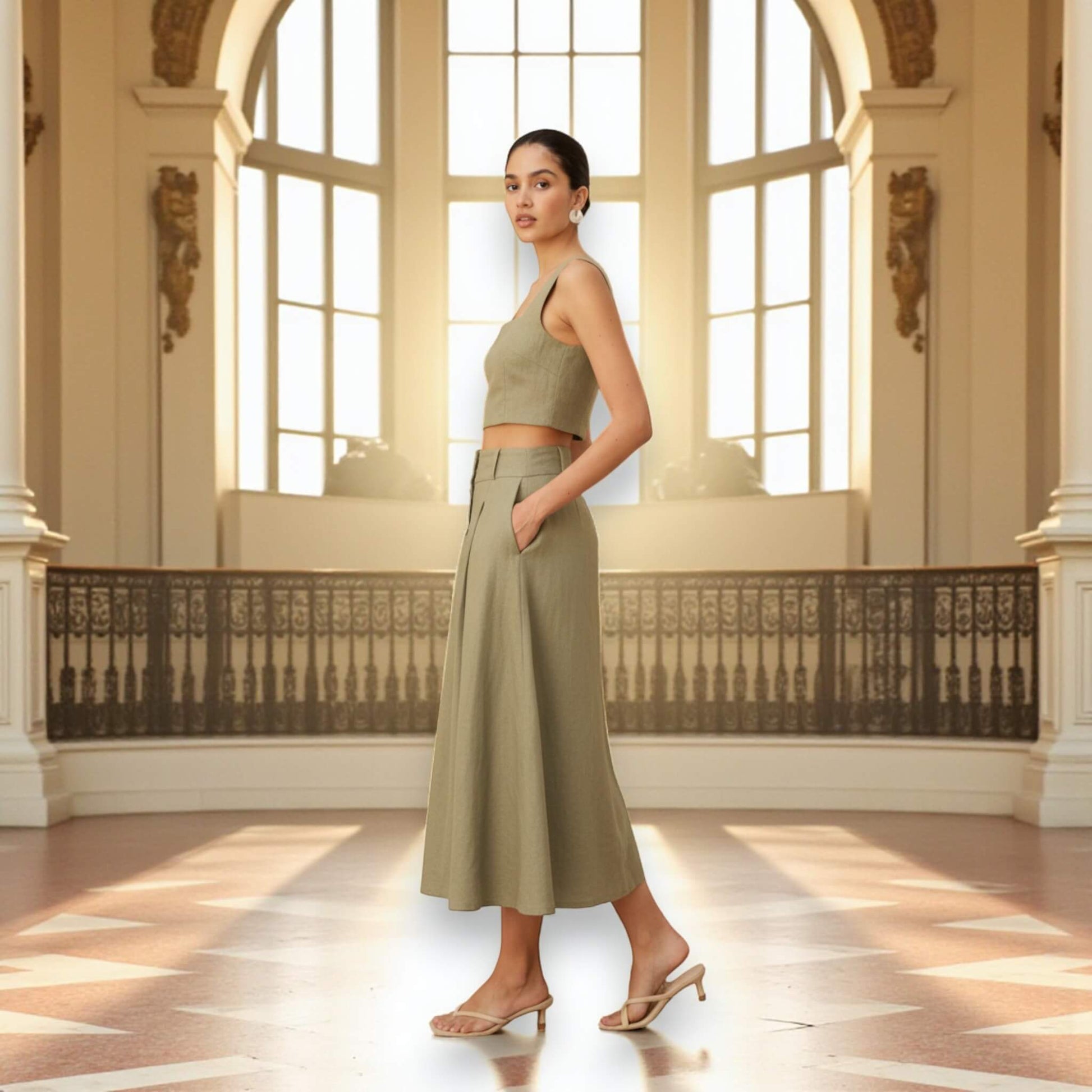 Linen Two Piece Set, Linen Square Neck Crop Top and Midi Skirt Set