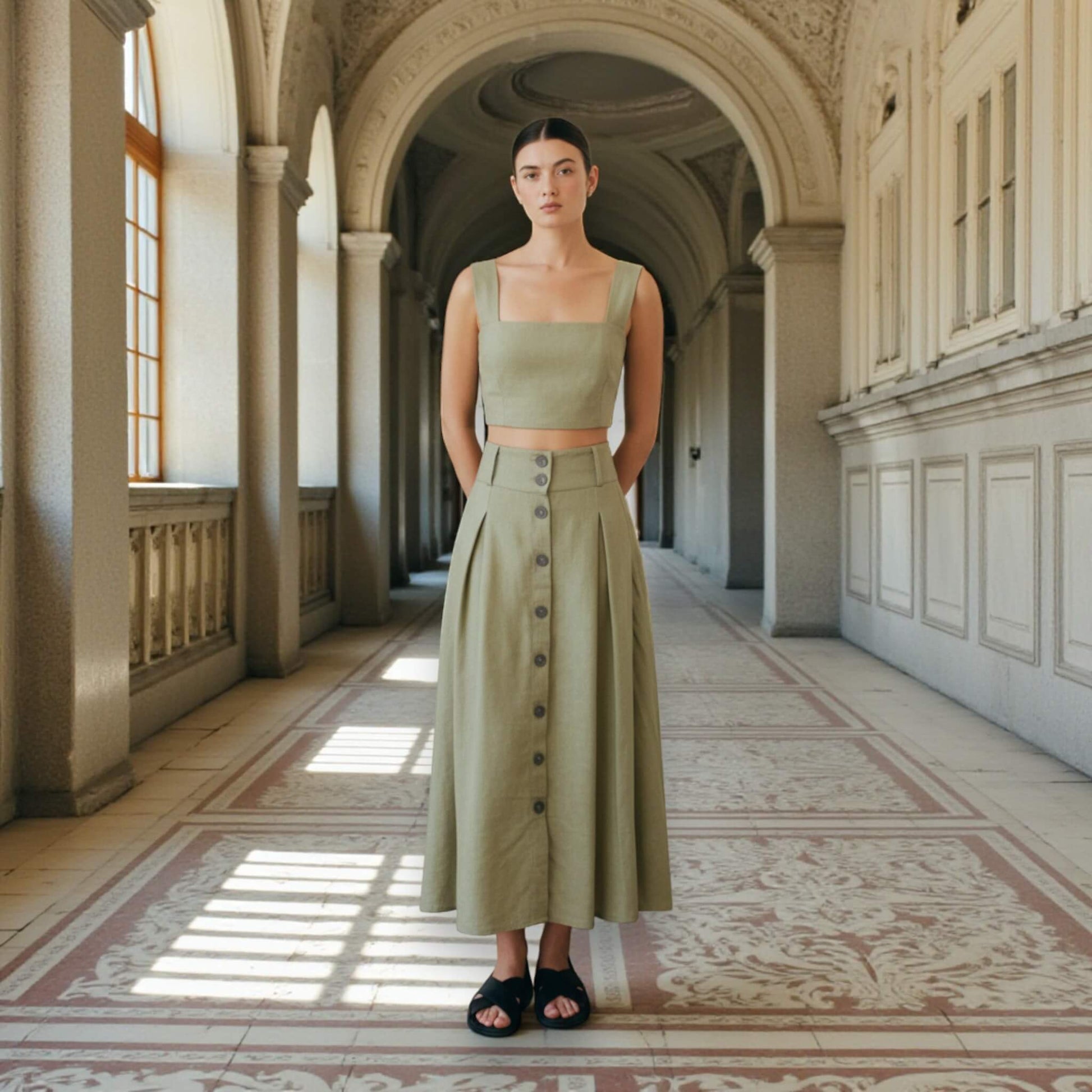 Linen Two Piece Set, Linen Square Neck Crop Top and Midi Skirt Set