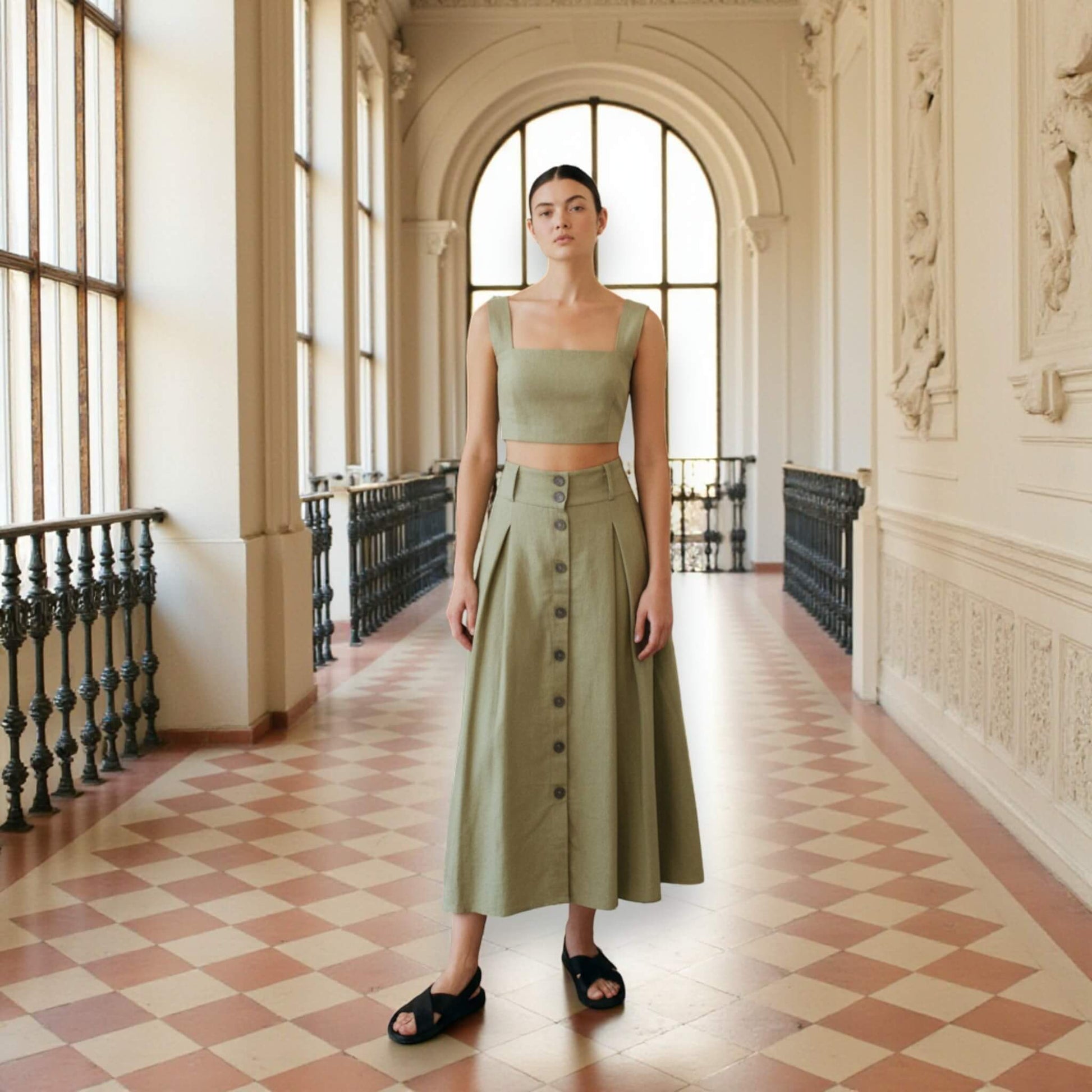 Linen Two Piece Set, Linen Square Neck Crop Top and Midi Skirt Set