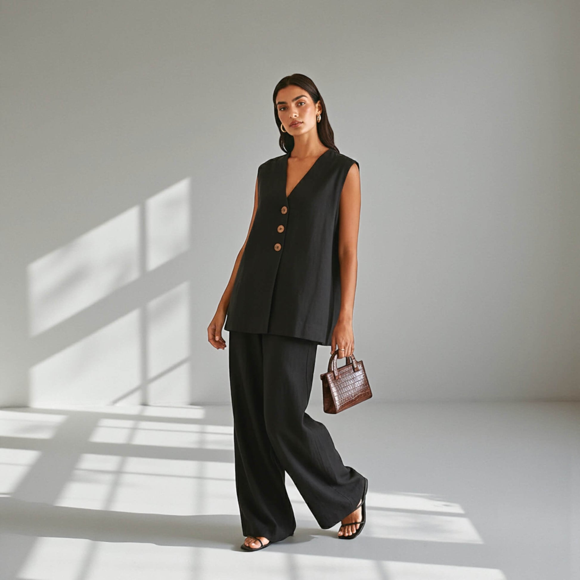 Linen Two Piece Set, Linen Vest Top and Wide Leg Pants Set