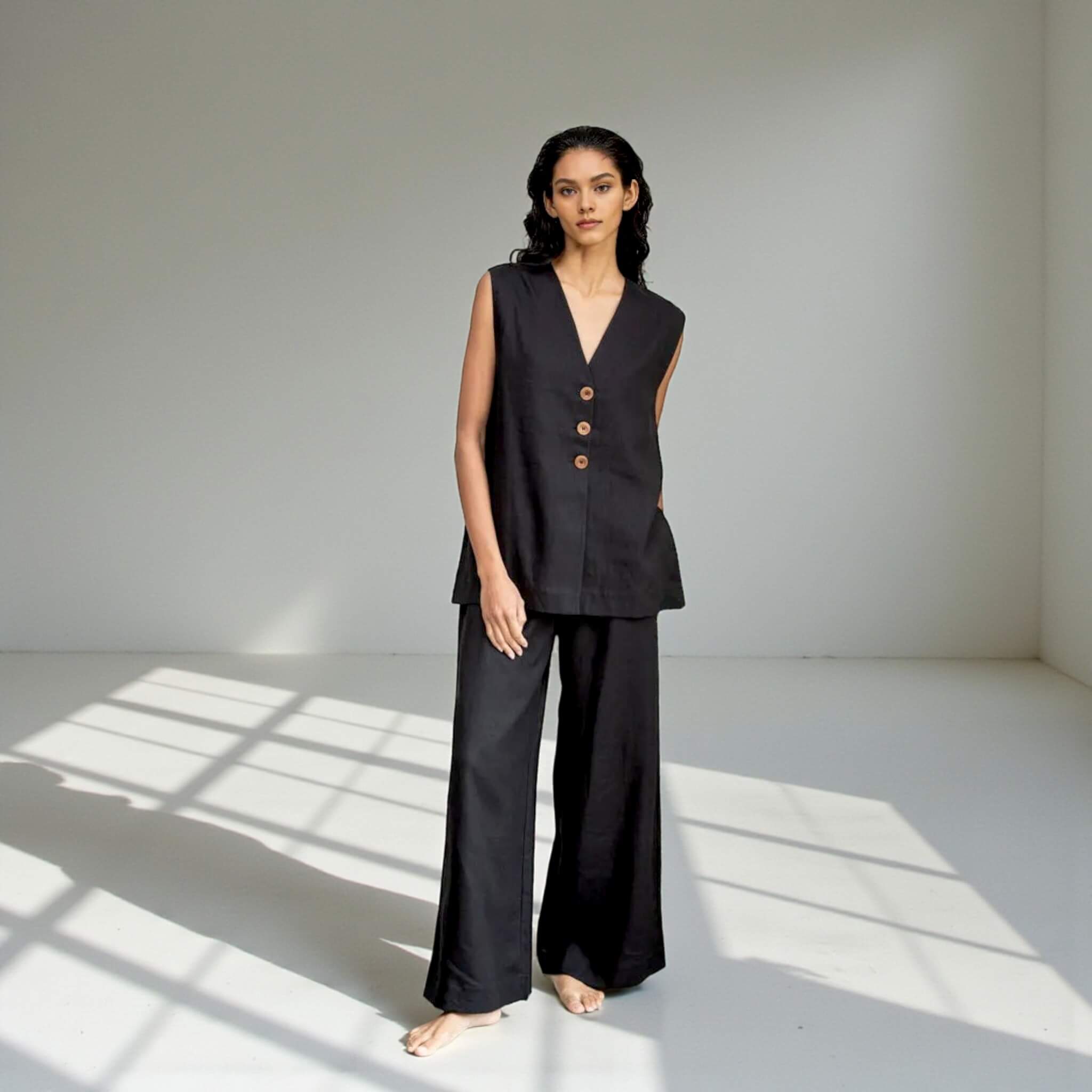 Linen Two Piece Set, Linen Vest Top and Wide Leg Pants Set