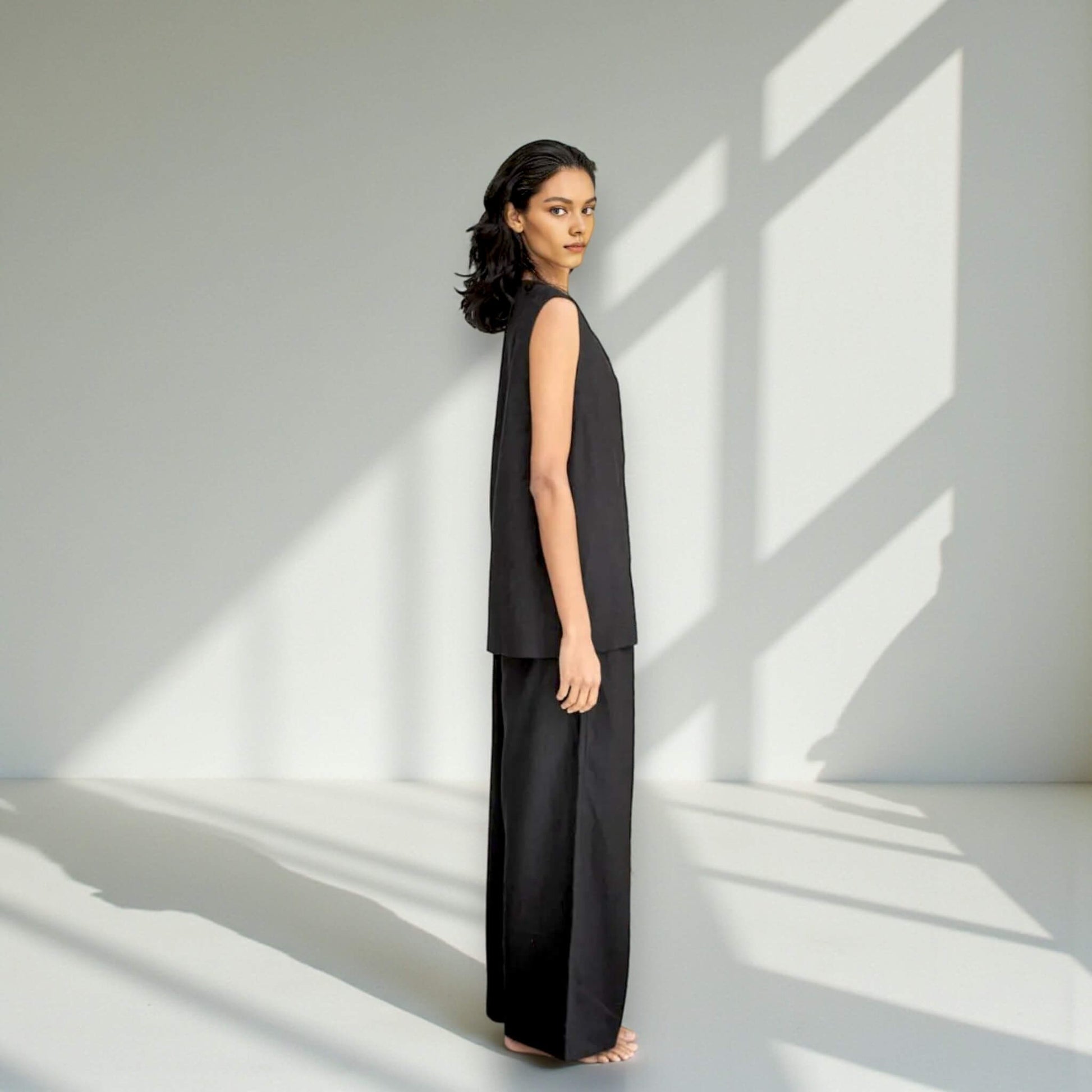 Linen Two Piece Set, Linen Vest Top and Wide Leg Pants Set