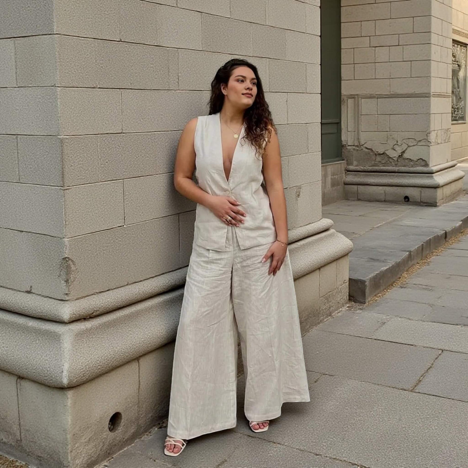 Linen Two Piece Set, Linen Waistcoat And Wide Leg Trousers Set