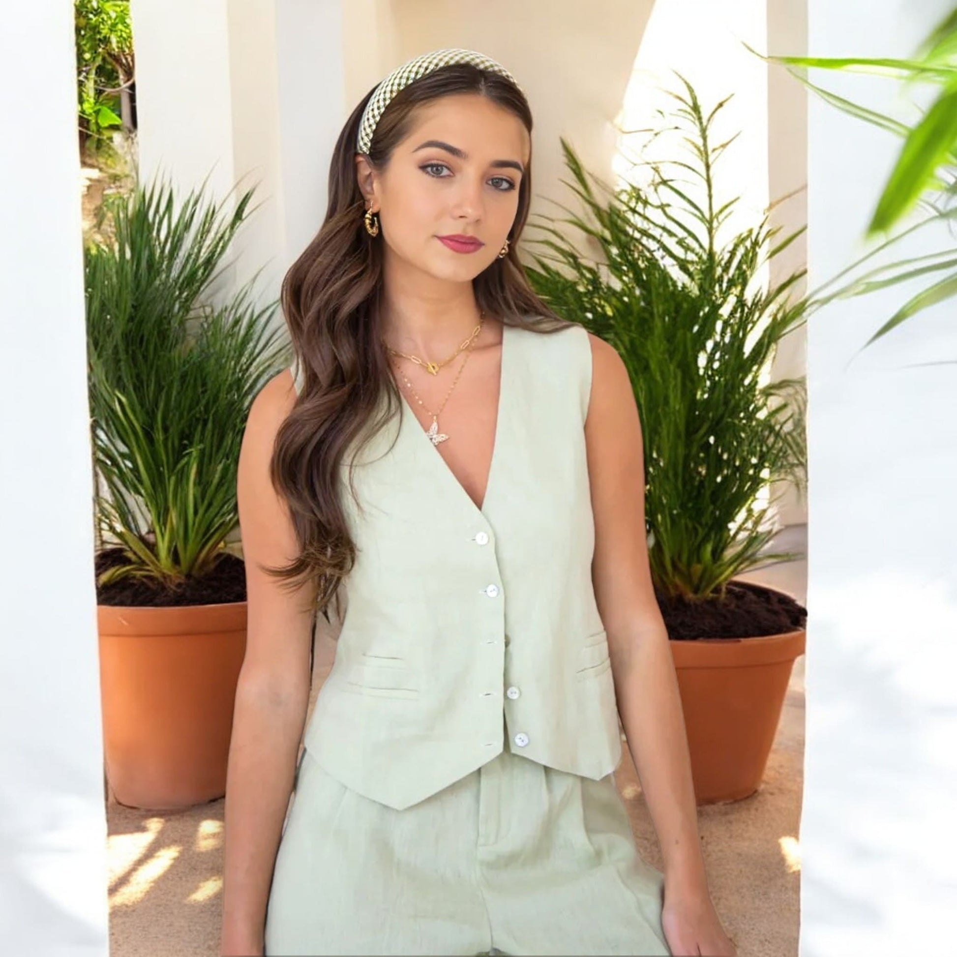 Linen Two Piece Set, Linen Waistcoat and Wide Leg Pants Set