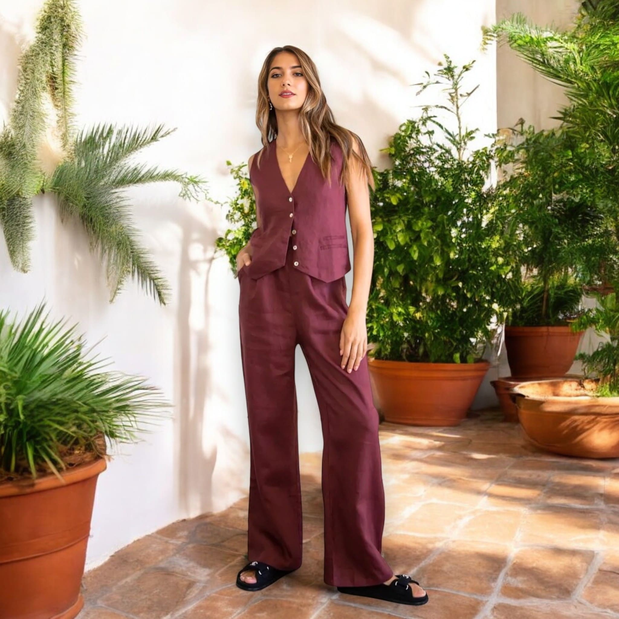 Linen Two Piece Set, Linen Waistcoat and Wide Leg Pants Set