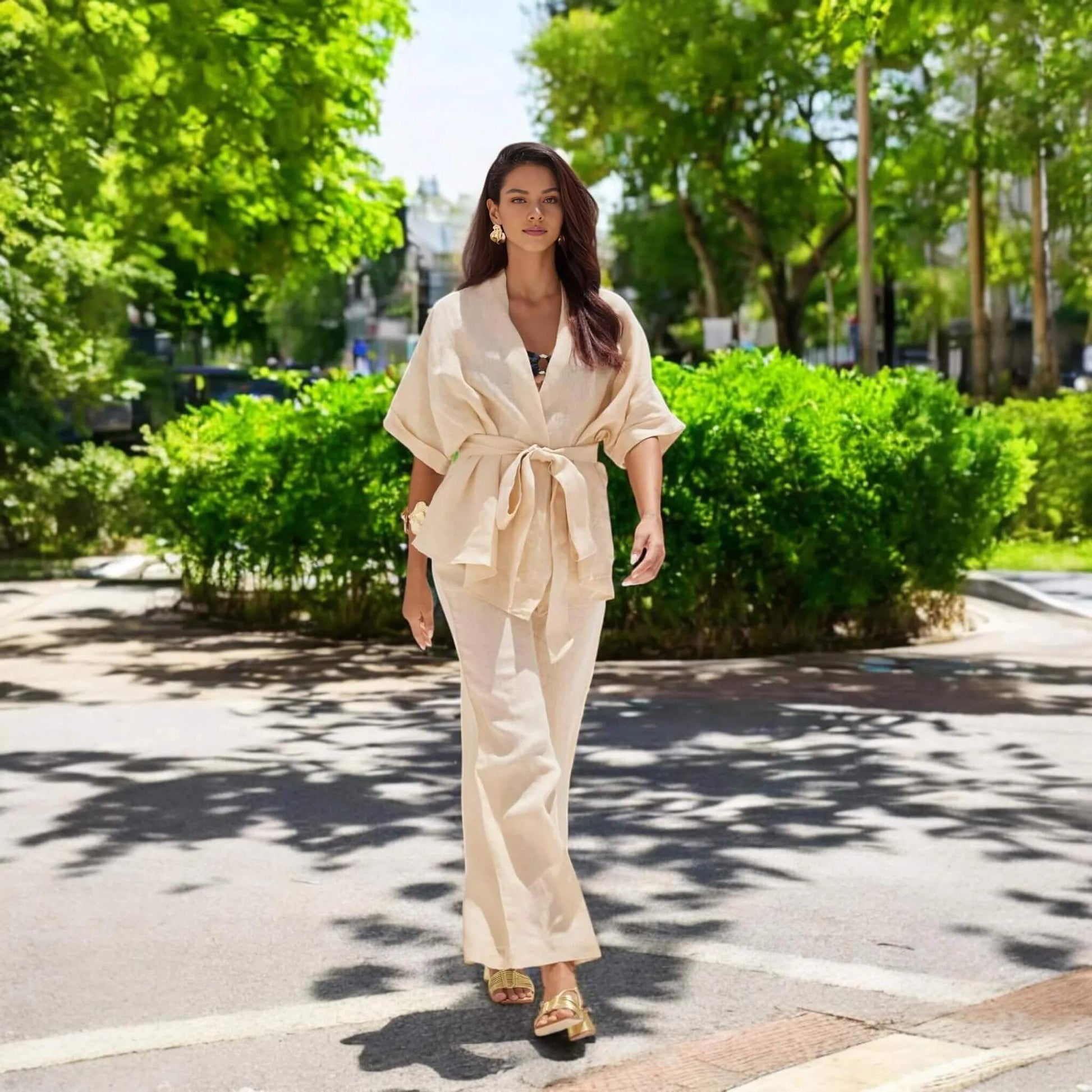 Linen Two Piece Set, Linen Wrap Top And Wide Leg Pants Set