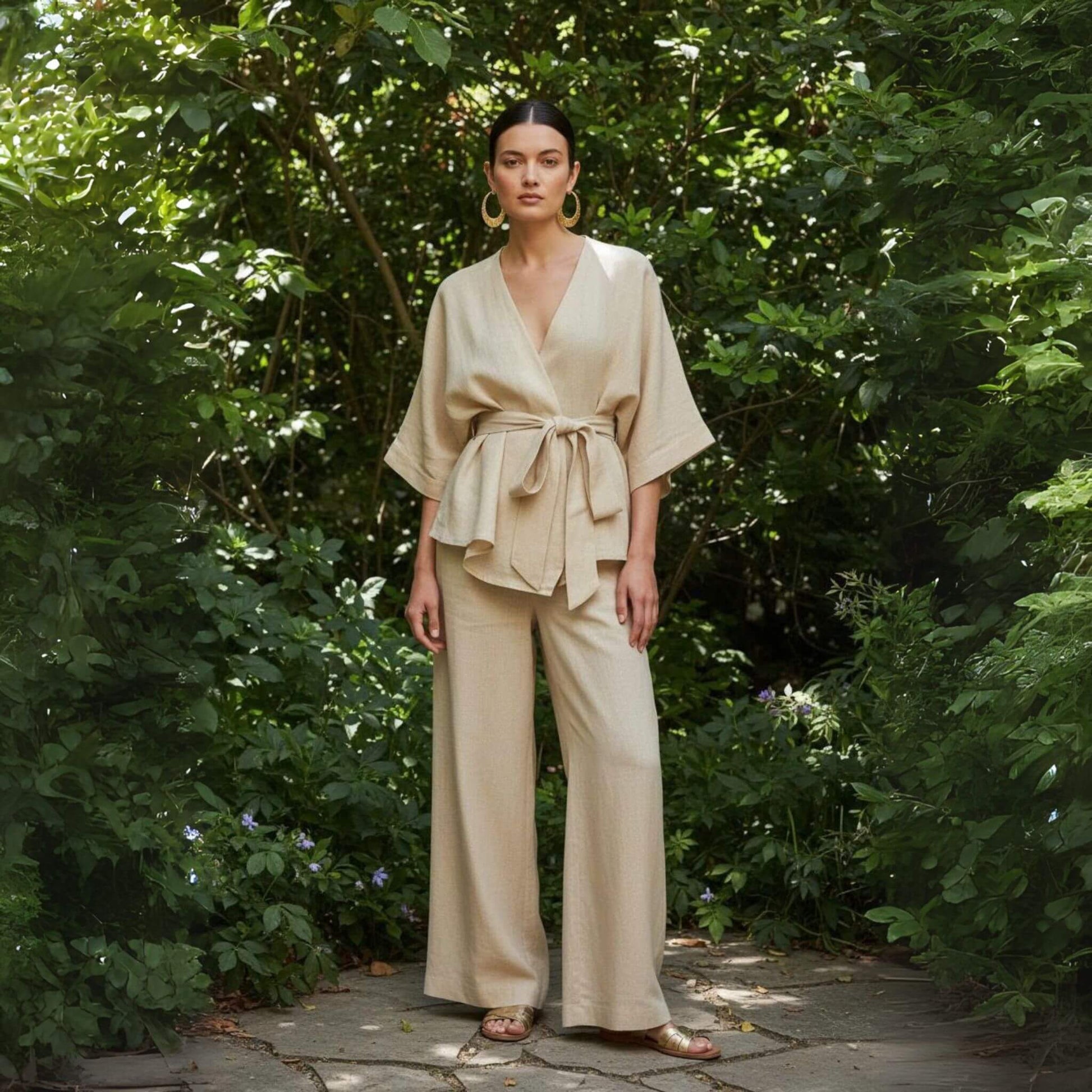 Linen Two Piece Set, Linen Wrap Top And Wide Leg Pants Set