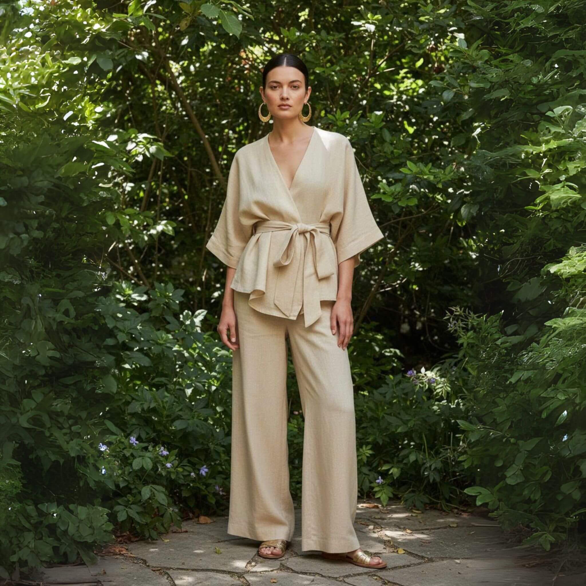Linen Two Piece Set, Linen Wrap Top And Wide Leg Pants Set
