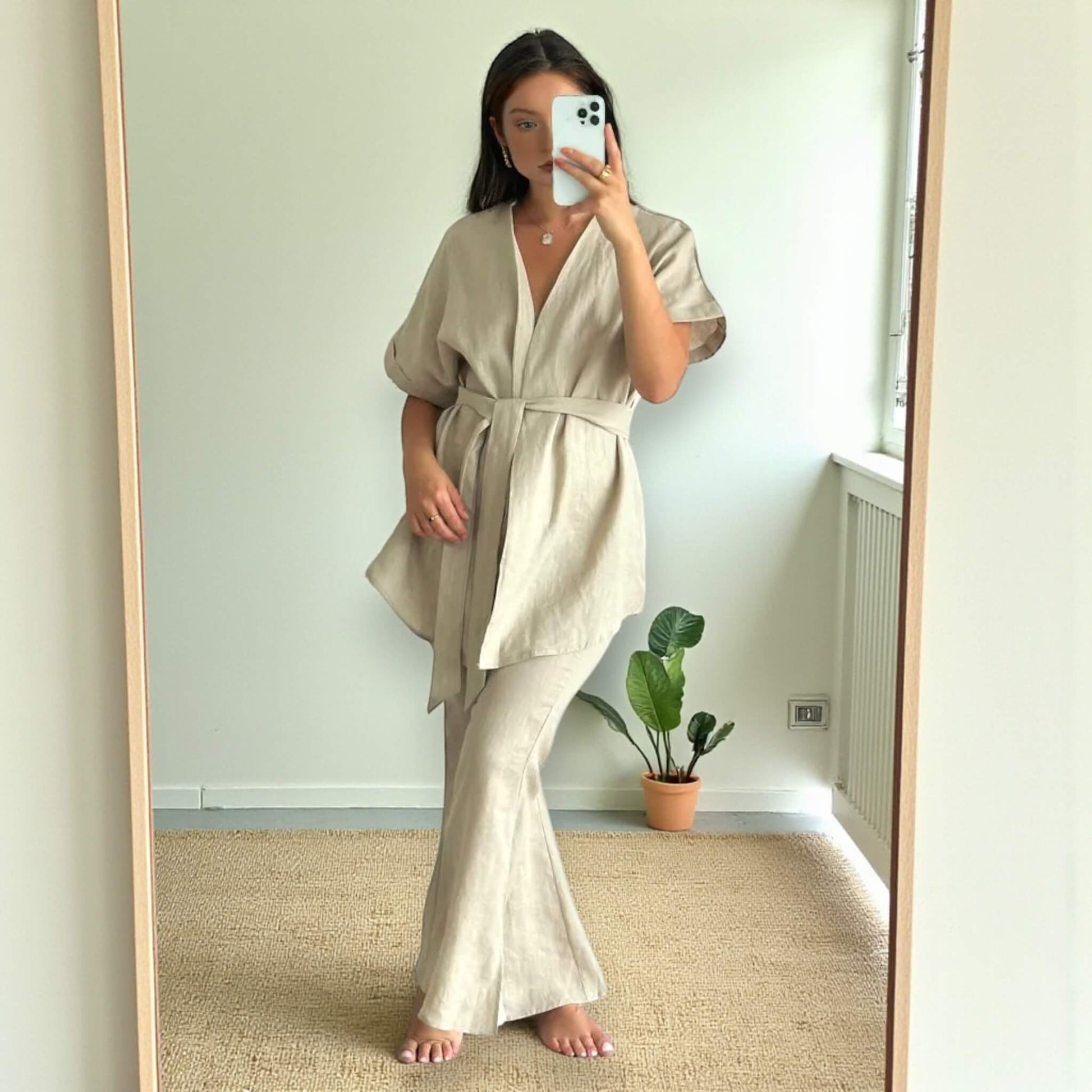 Linen Two Piece Set, Linen Wrap Top and Flared Trousers Set