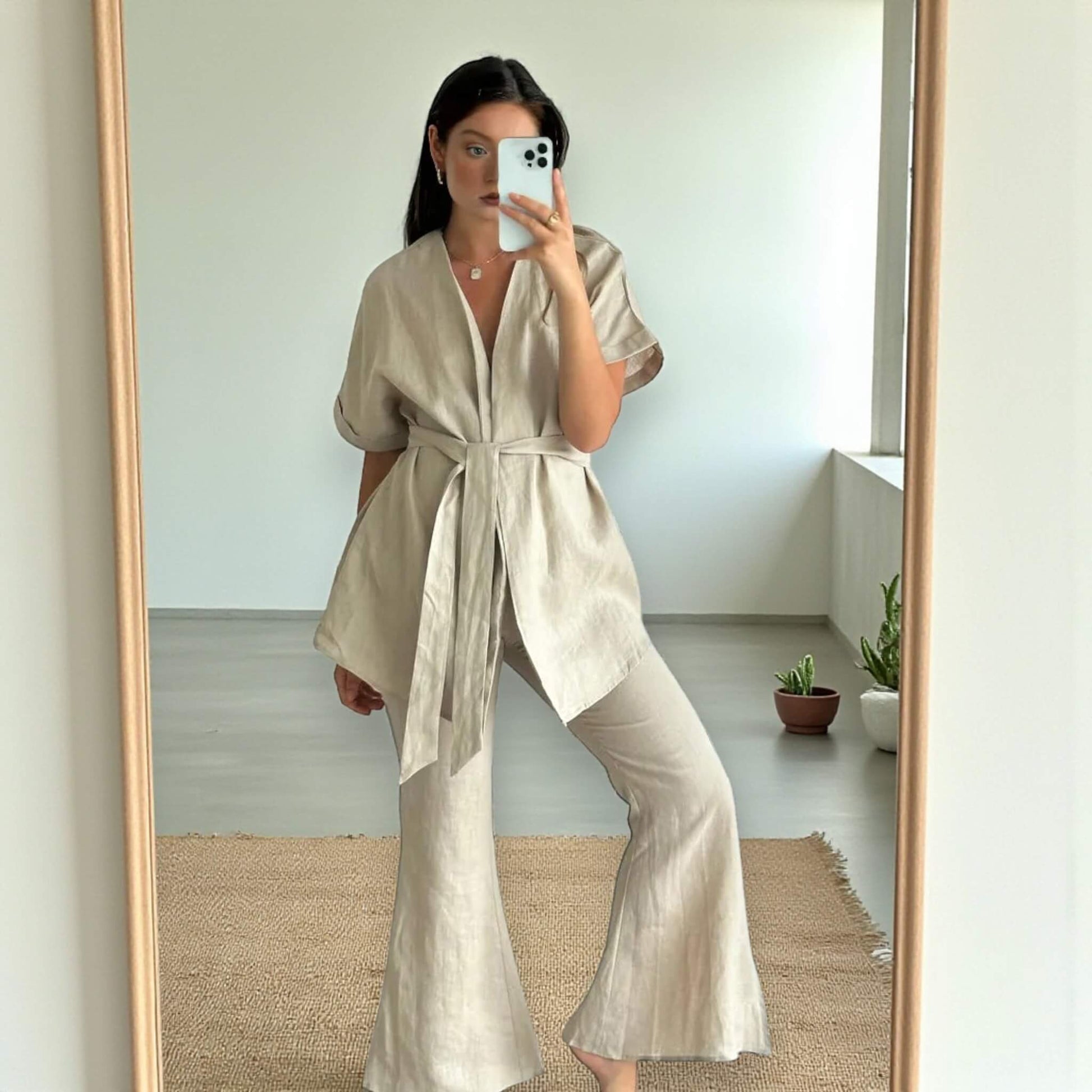 Linen Two Piece Set, Linen Wrap Top and Flared Trousers Set