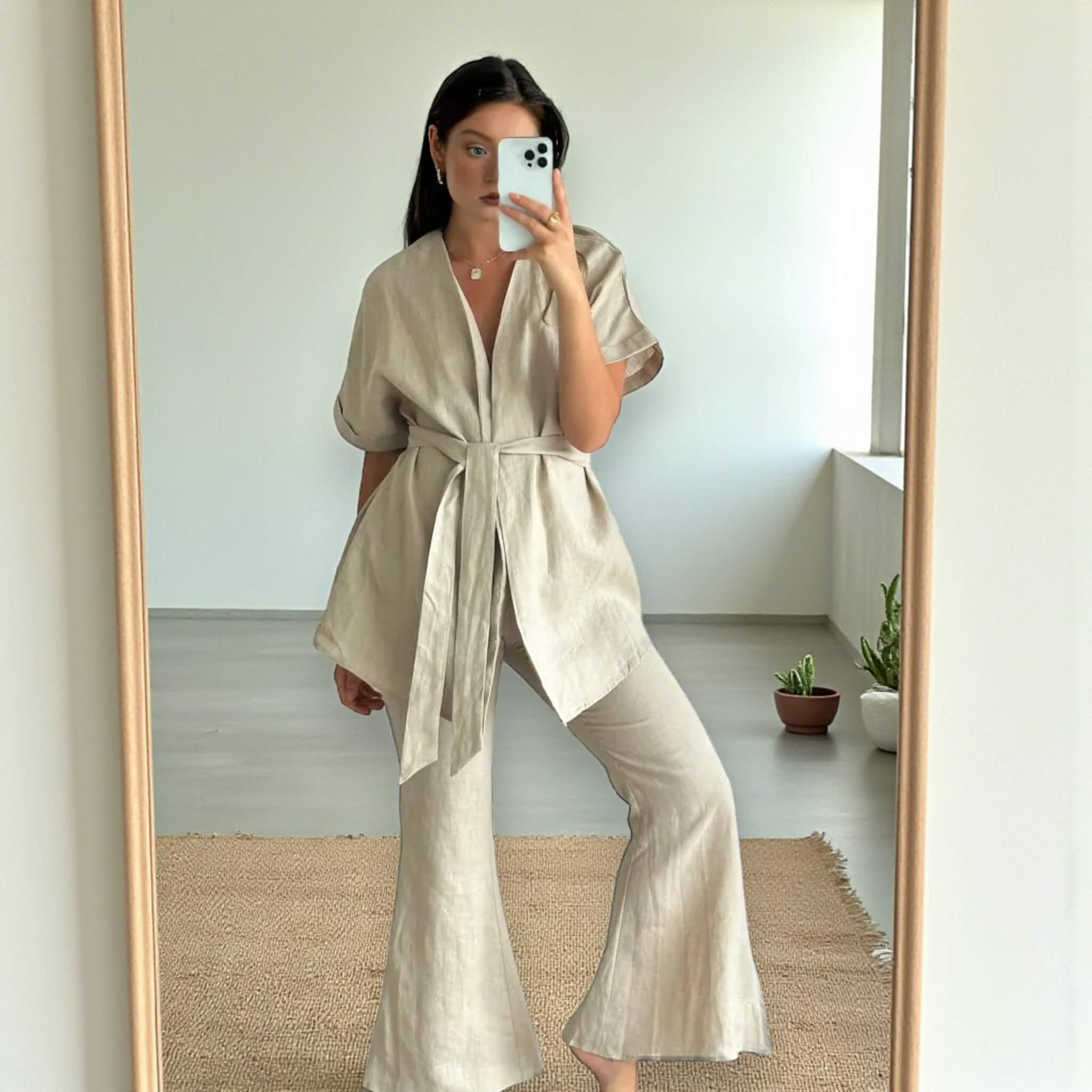 Linen Two Piece Set, Linen Wrap Top and Flared Trousers Set