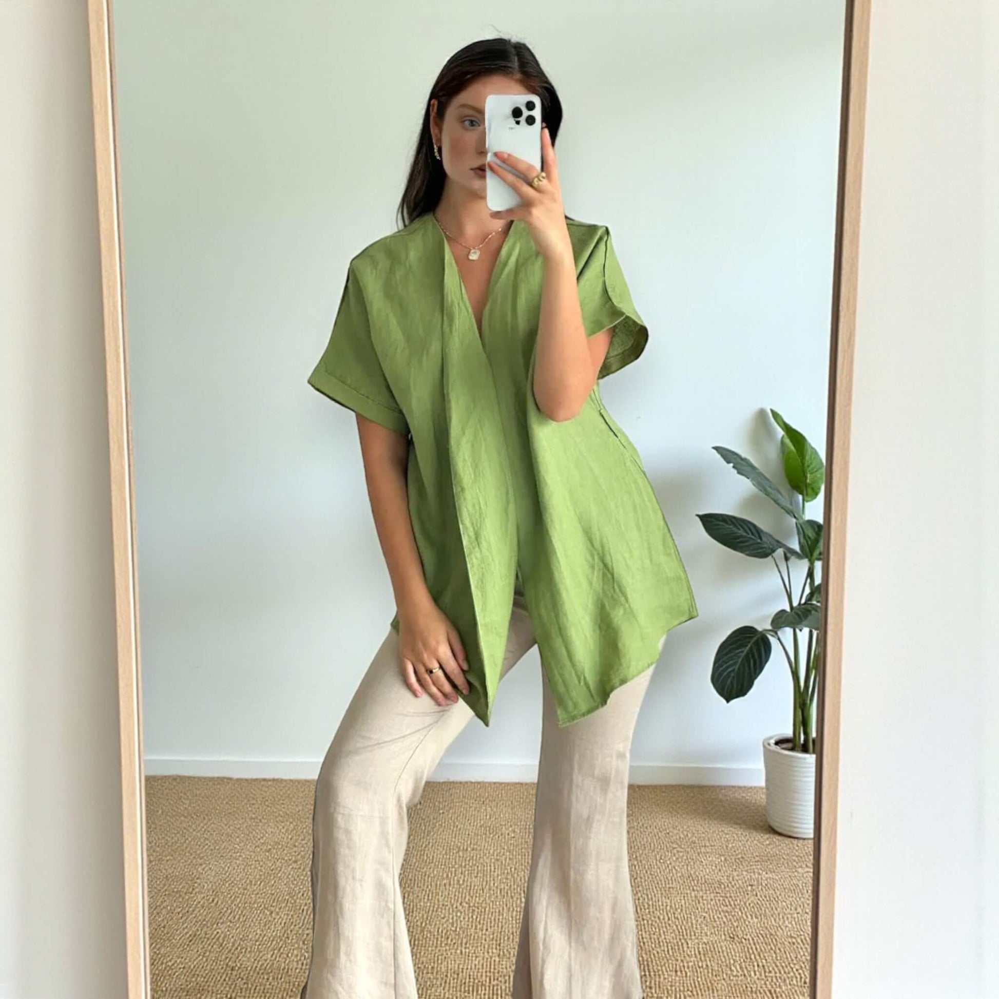 Linen Two Piece Set, Linen Wrap Top and Flared Trousers Set