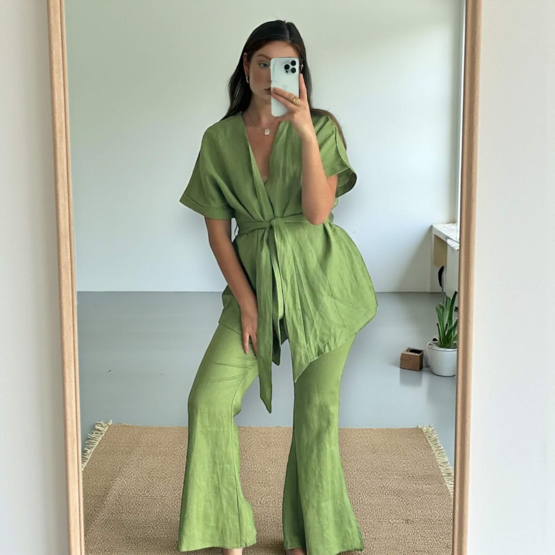 Linen Two Piece Set, Linen Wrap Top and Flared Trousers Set