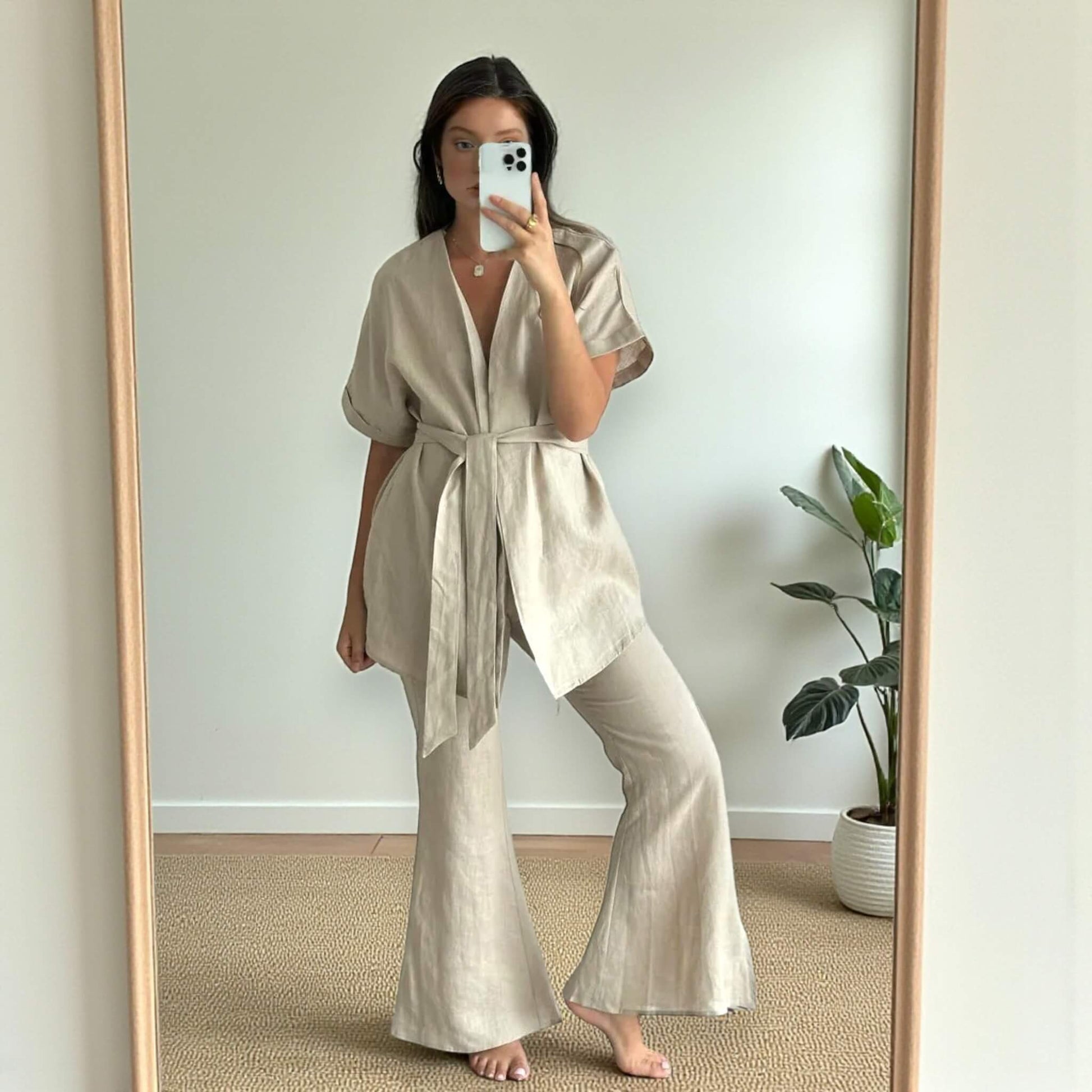 Linen Two Piece Set, Linen Wrap Top and Flared Trousers Set