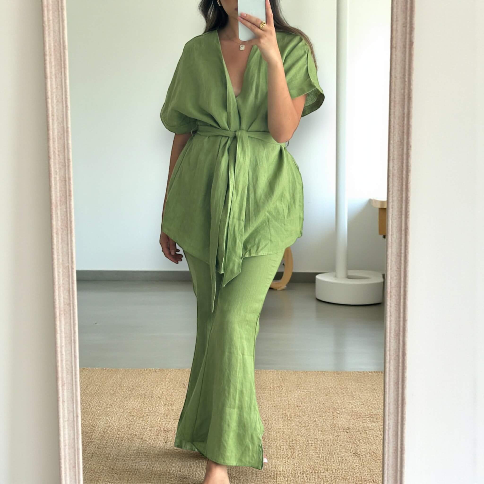 Linen Two Piece Set, Linen Wrap Top and Flared Trousers Set