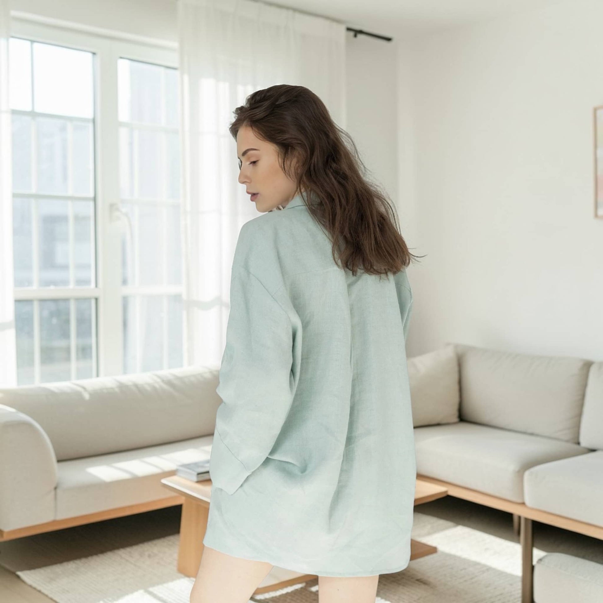 Linen Two Piece Set, Long Sleeve Linen Top And Relaxed Shorts Set