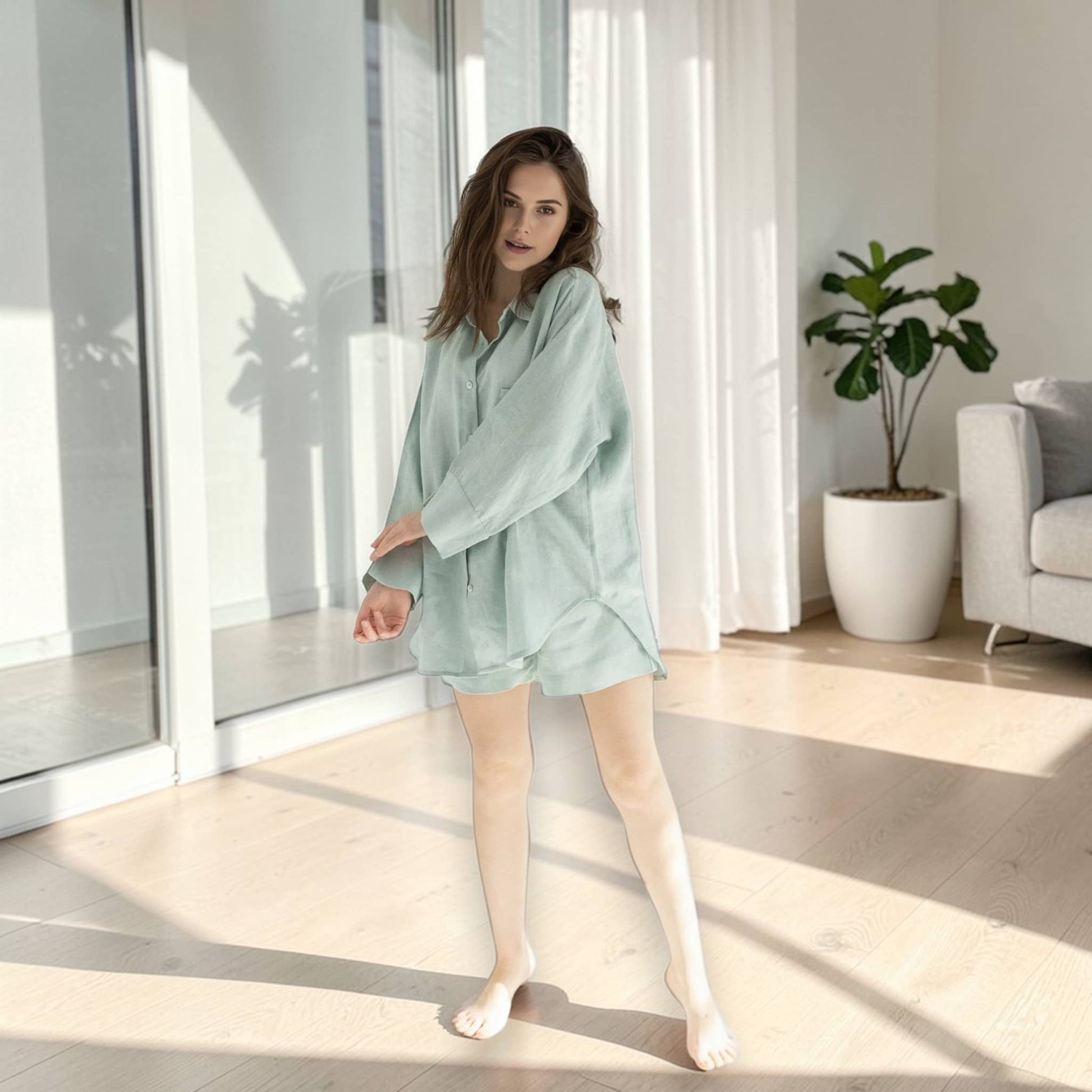 Linen Two Piece Set, Long Sleeve Linen Top And Relaxed Shorts Set