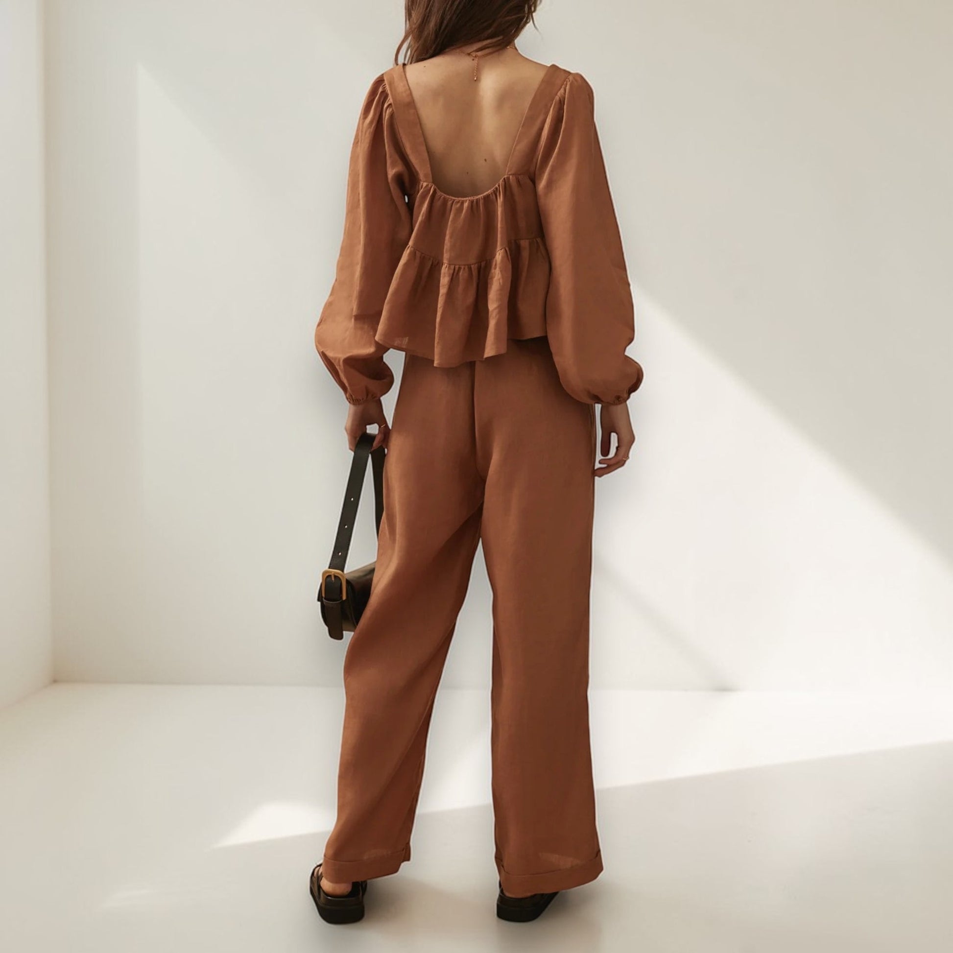 Linen Two Piece Set, Long Sleeve Peplum Top And Wide Leg Pants Set