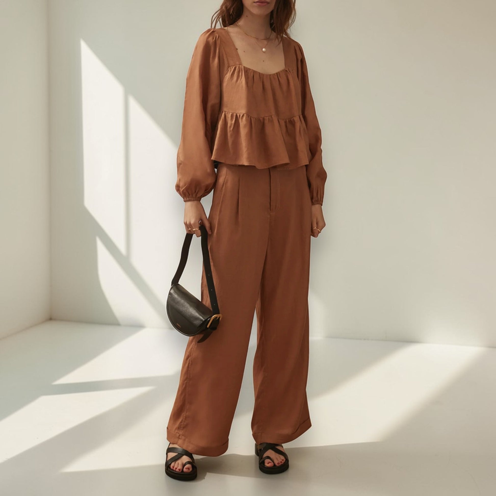 Linen Two Piece Set, Long Sleeve Peplum Top And Wide Leg Pants Set