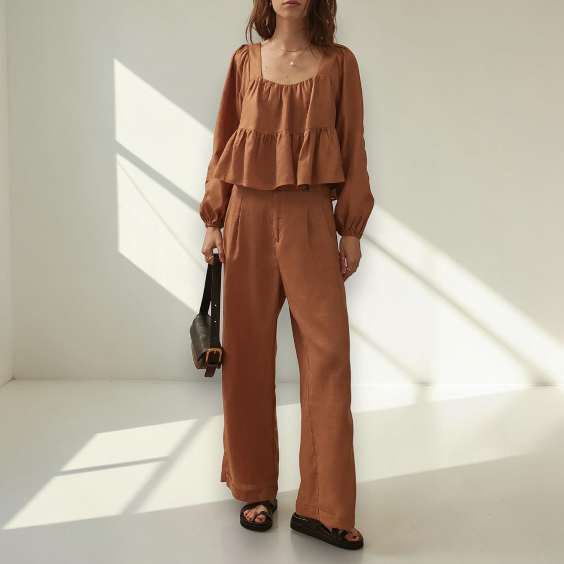 Linen Two Piece Set, Long Sleeve Peplum Top And Wide Leg Pants Set