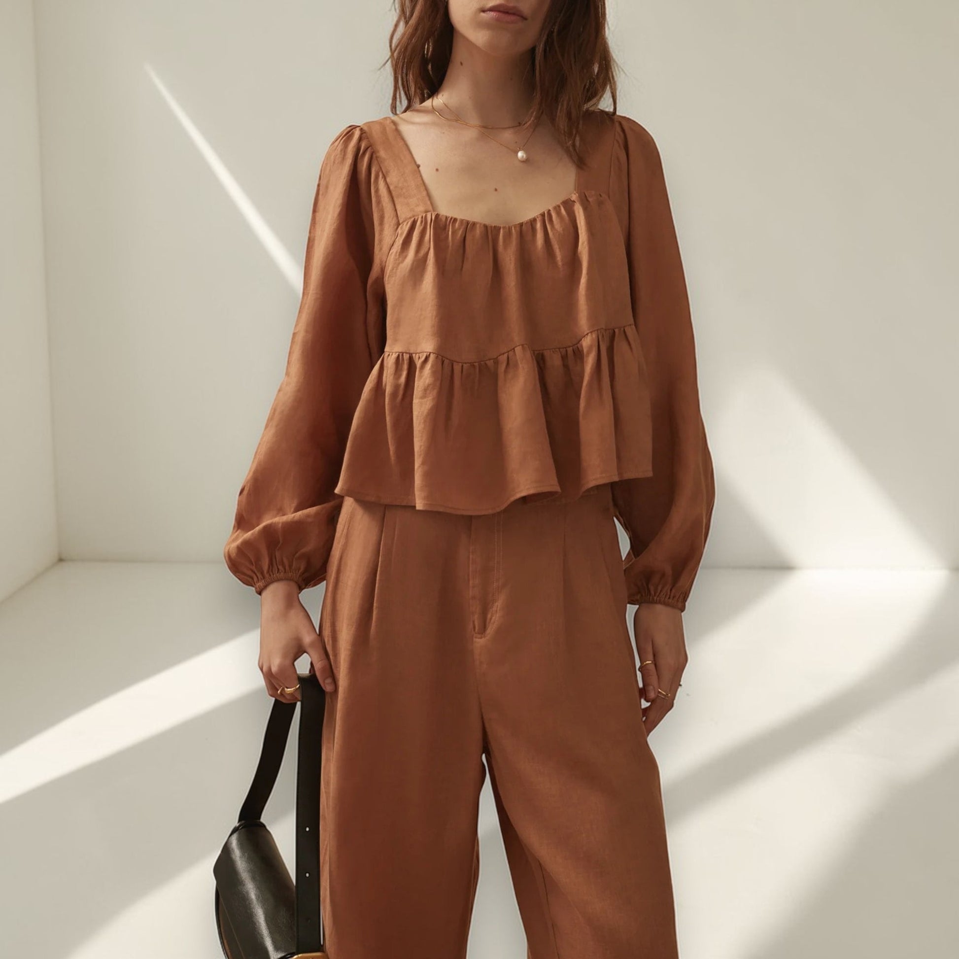 Linen Two Piece Set, Long Sleeve Peplum Top And Wide Leg Pants Set