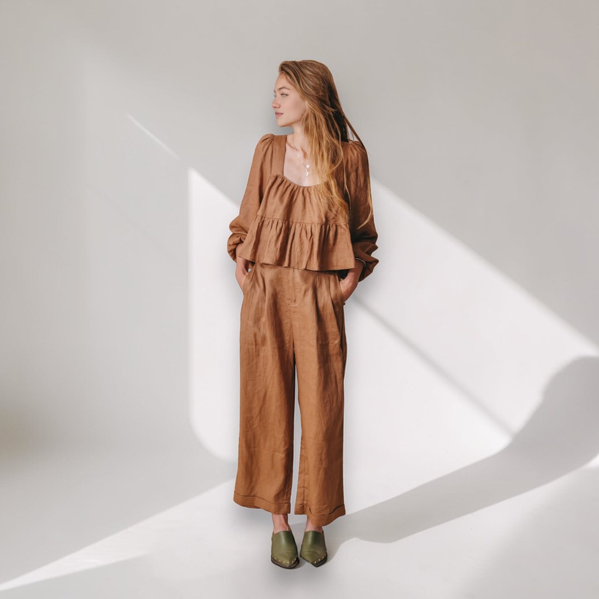 Linen Two Piece Set, Long Sleeve Peplum Top And Wide Leg Pants Set