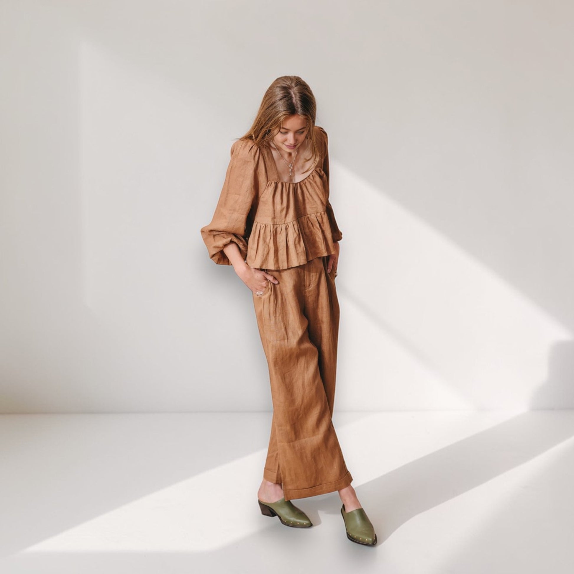 Linen Two Piece Set, Long Sleeve Peplum Top And Wide Leg Pants Set