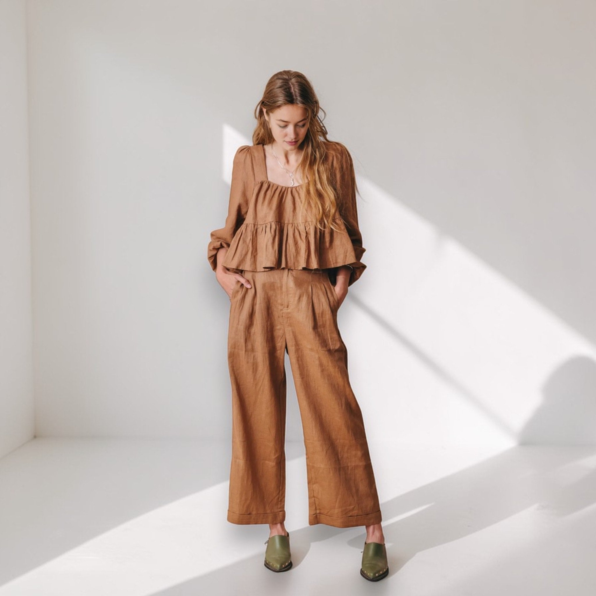 Linen Two Piece Set, Long Sleeve Peplum Top And Wide Leg Pants Set