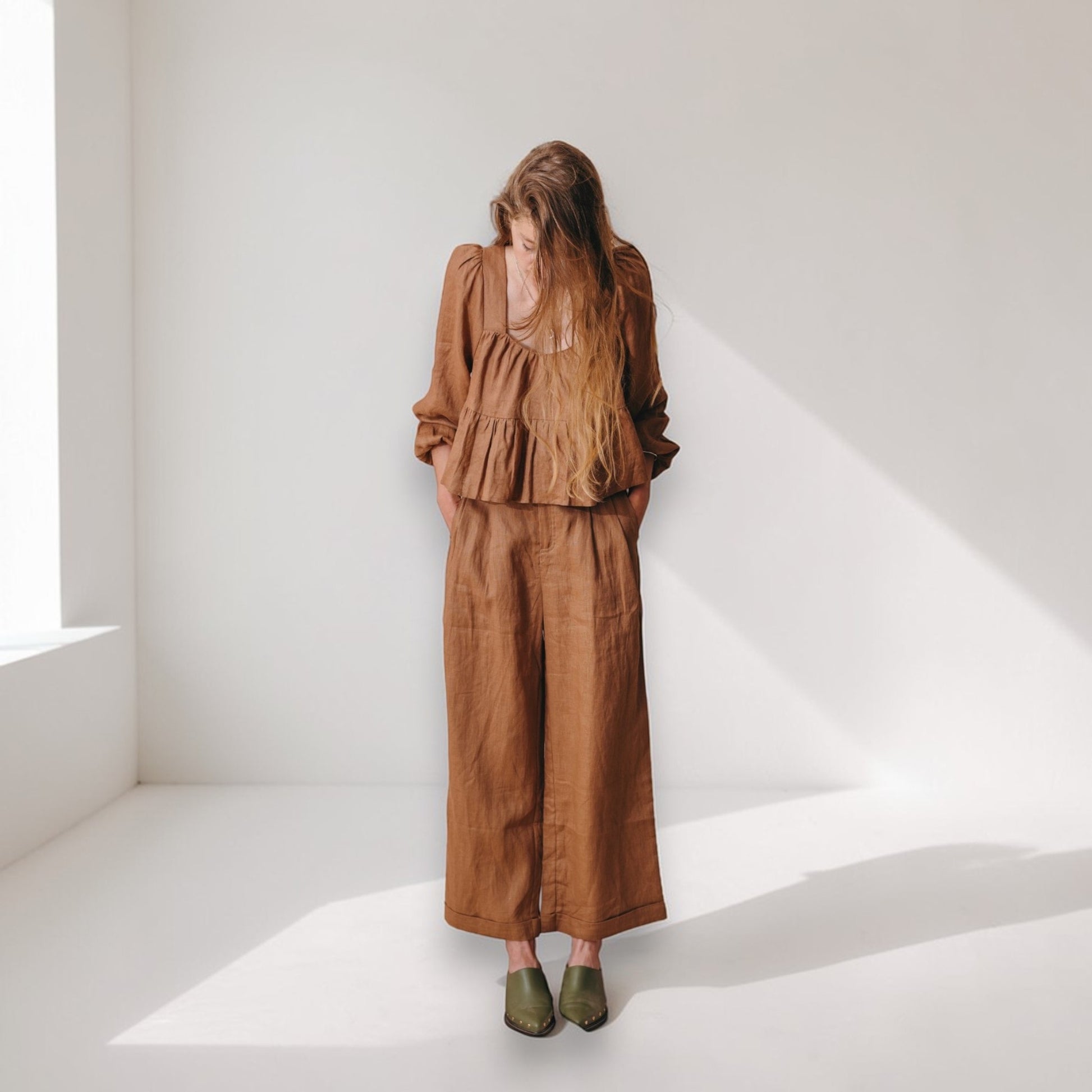 Linen Two Piece Set, Long Sleeve Peplum Top And Wide Leg Pants Set