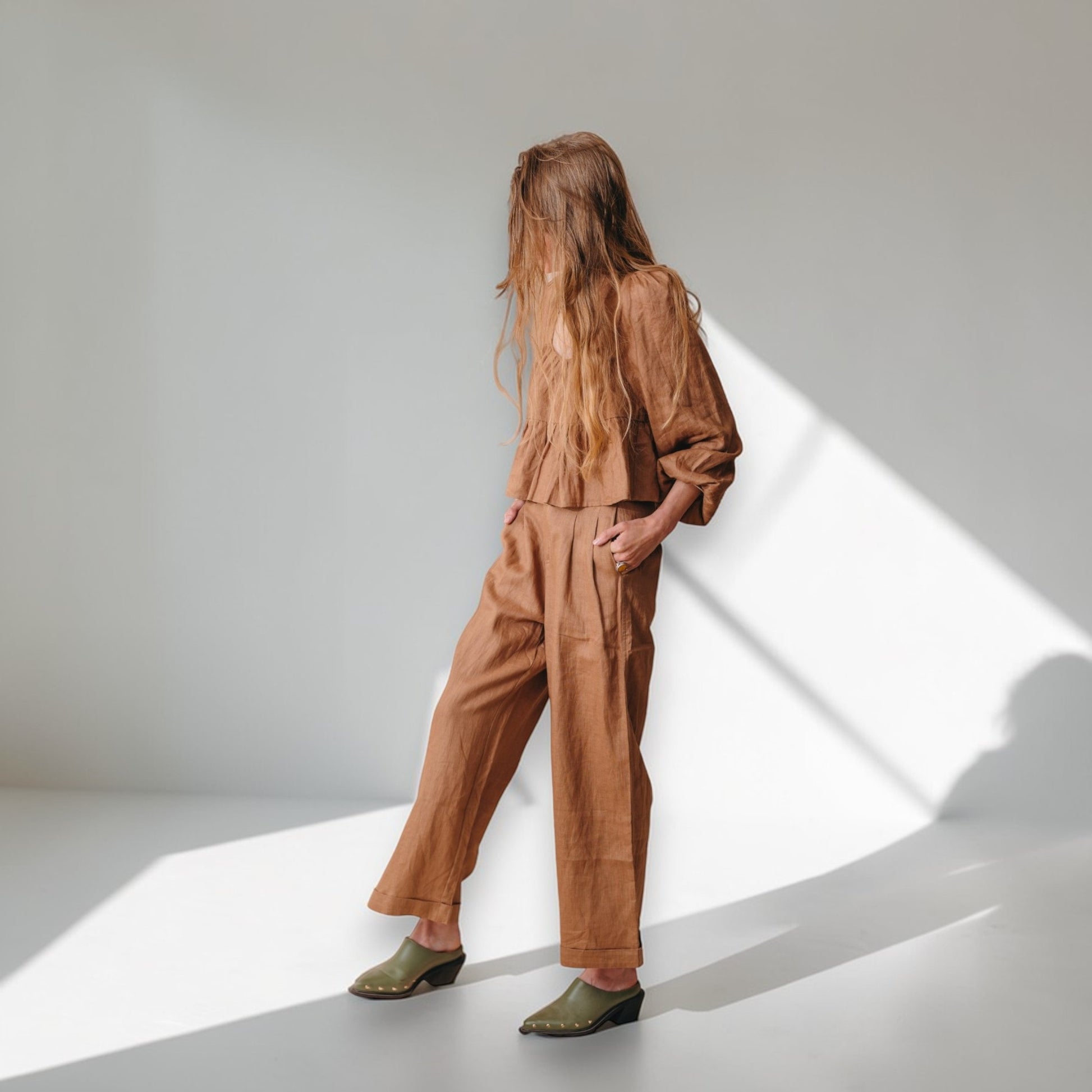 Linen Two Piece Set, Long Sleeve Peplum Top And Wide Leg Pants Set