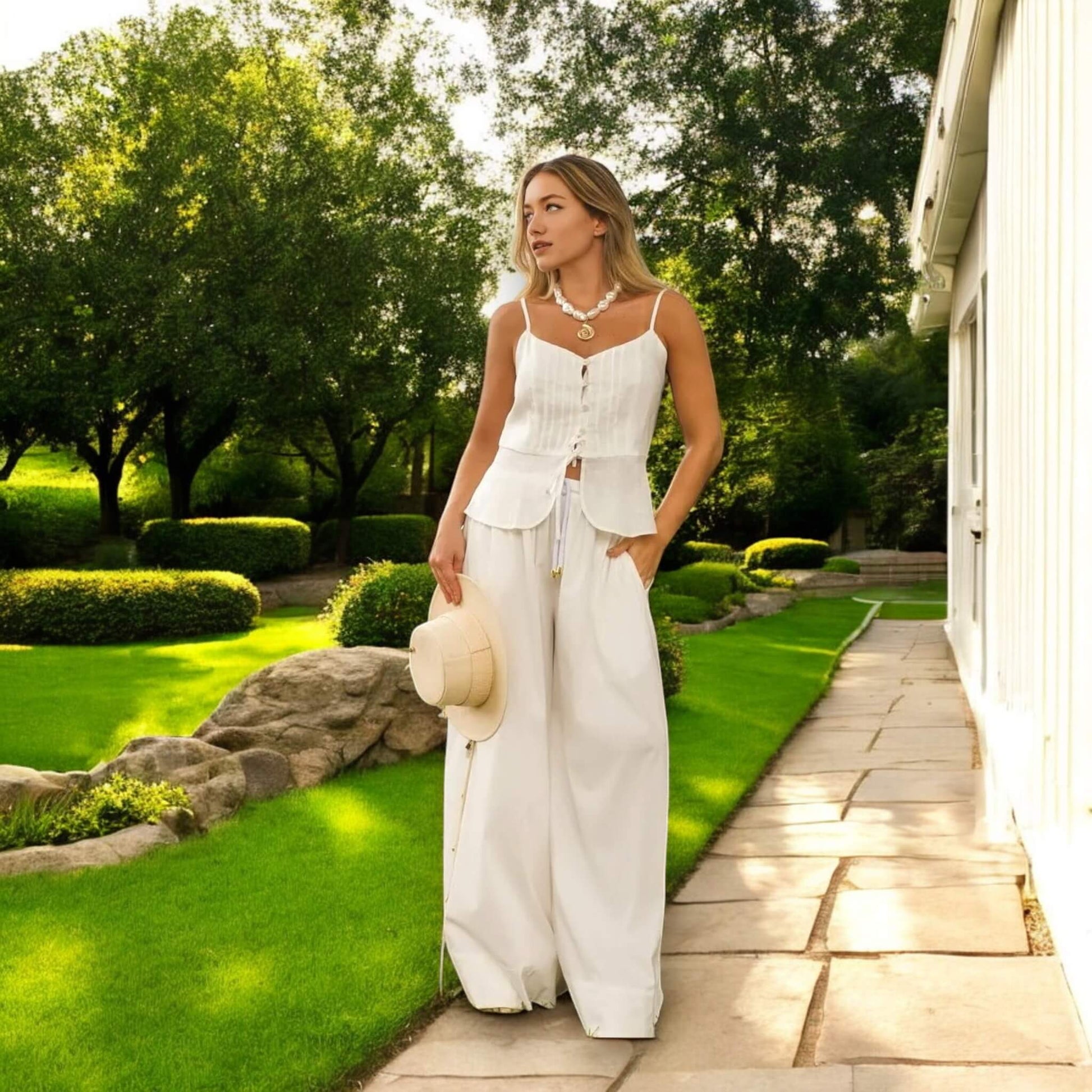 Linen Two Piece Set, Pleated Peplum Camisole And Wide Leg Pants Set