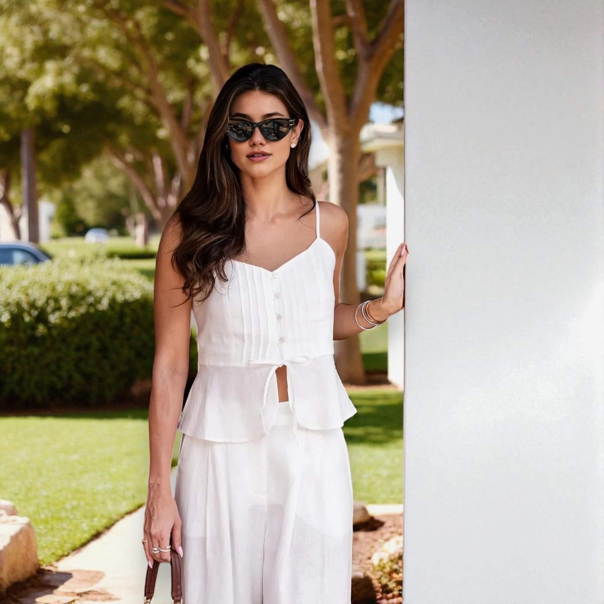 Linen Two Piece Set, Pleated Peplum Camisole And Wide Leg Pants Set