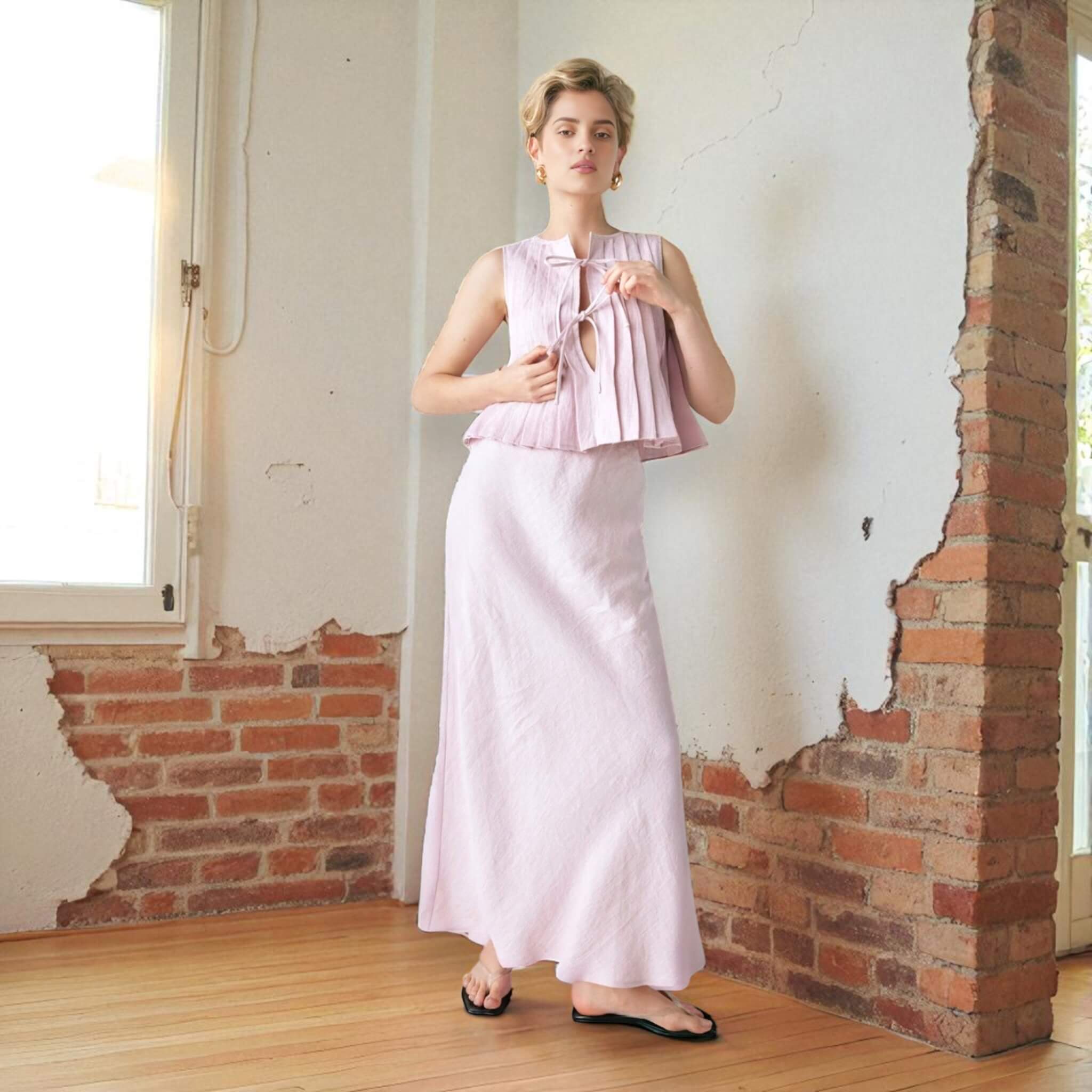 Linen Two Piece Set, Pleated Sleeveless Top Set