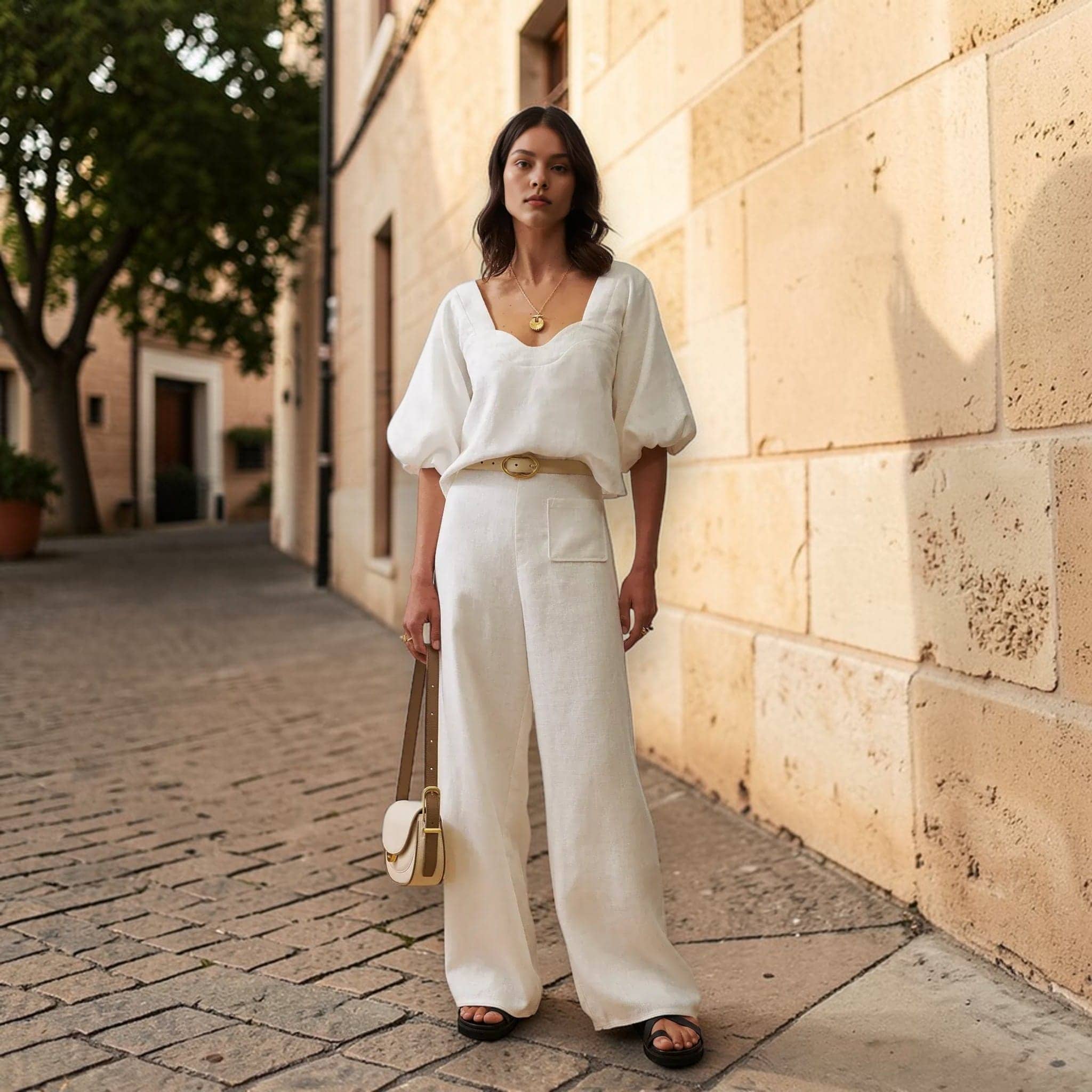 Linen Two Piece Set, Puff Sleeve Linen Top And Wide Leg Pants Set