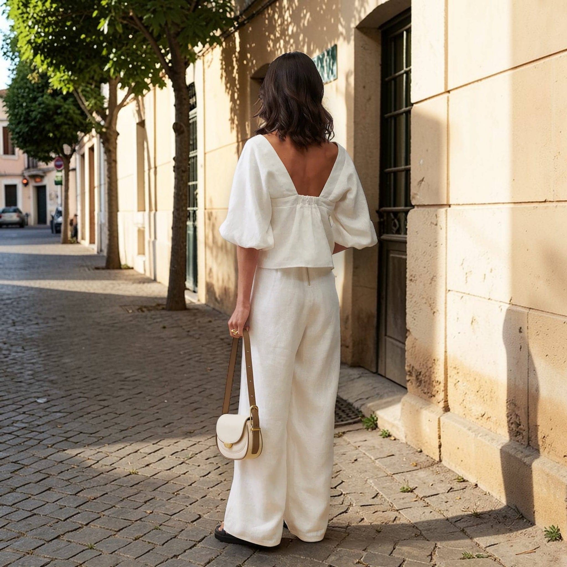 Linen Two Piece Set, Puff Sleeve Linen Top And Wide Leg Pants Set