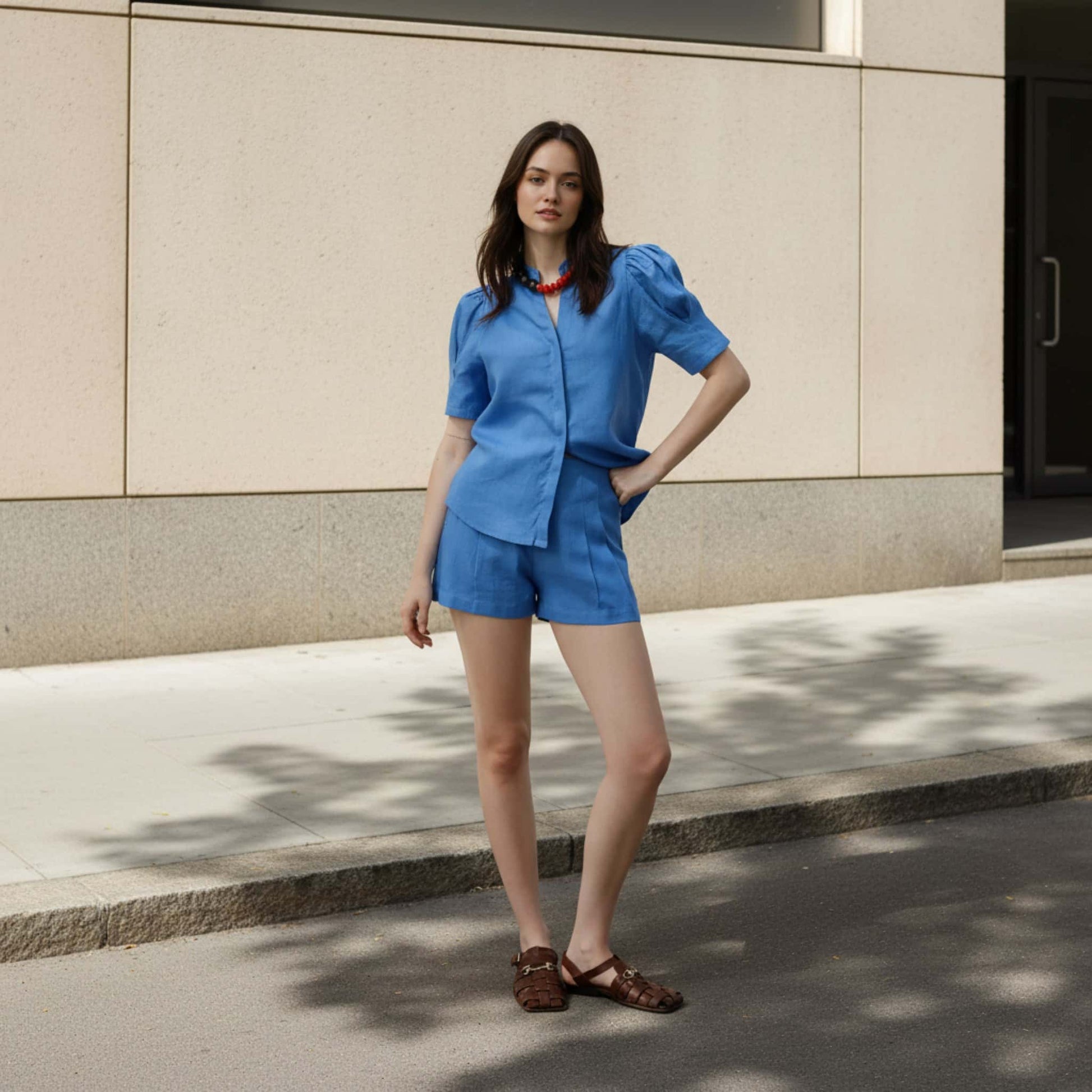 Linen Two Piece Set, Puff Sleeve Shirt And Shorts Set