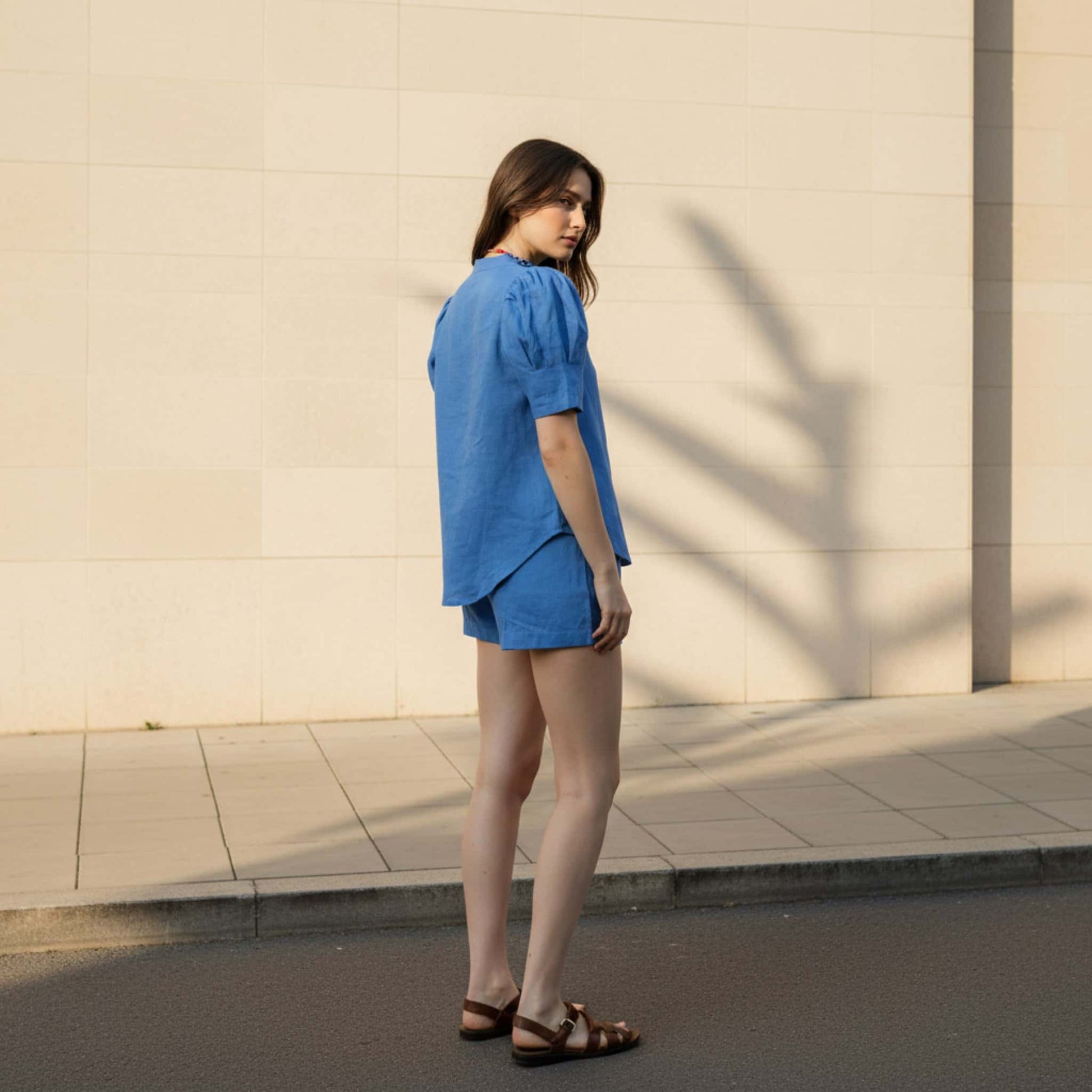 Linen Two Piece Set, Puff Sleeve Shirt And Shorts Set